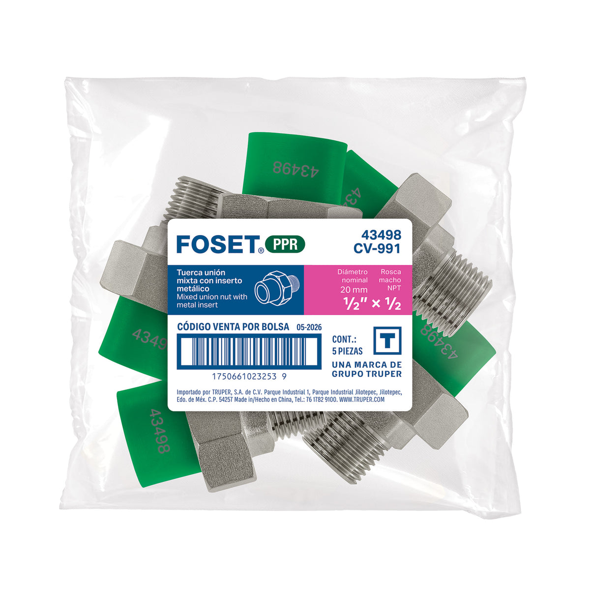 Tuerca unión PPR, mixta macho inserto metálico 1/2", FOSET