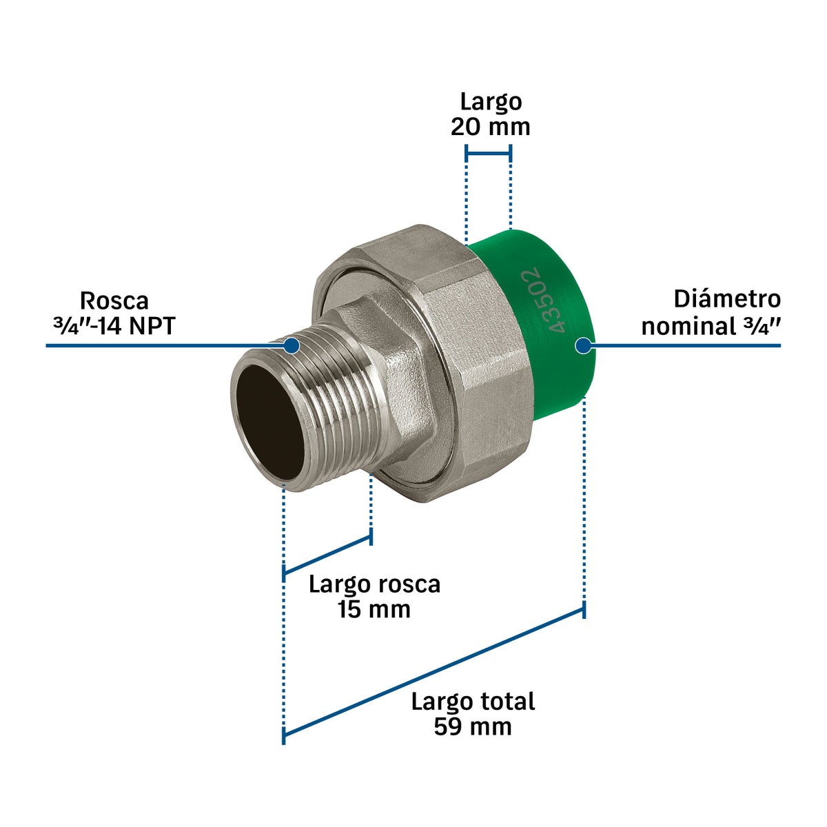 Tuerca unión PPR, mixta macho inserto metálico 3/4", FOSET