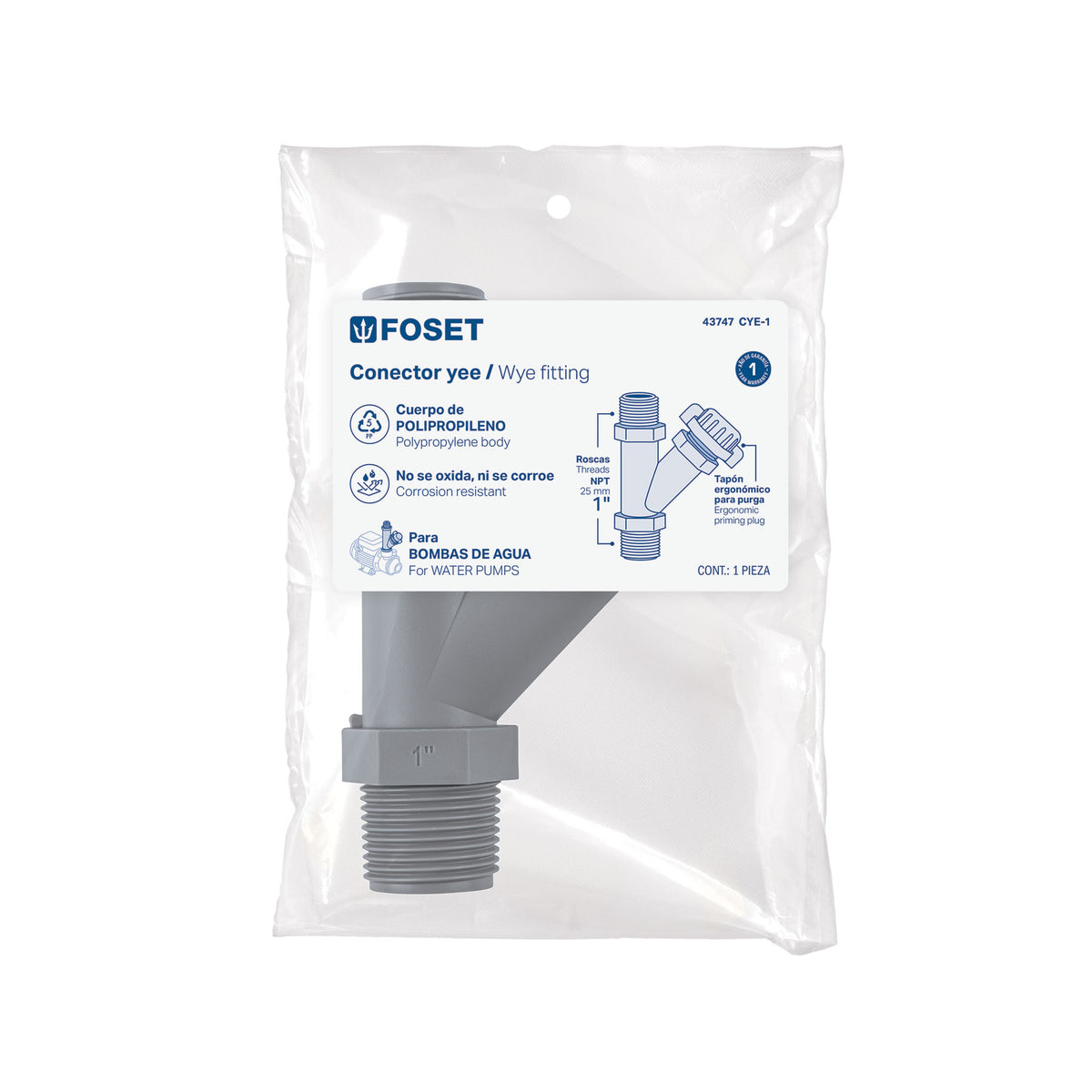 Conector Yee de polipropileno de 1" para bomba p/agua, FOSET