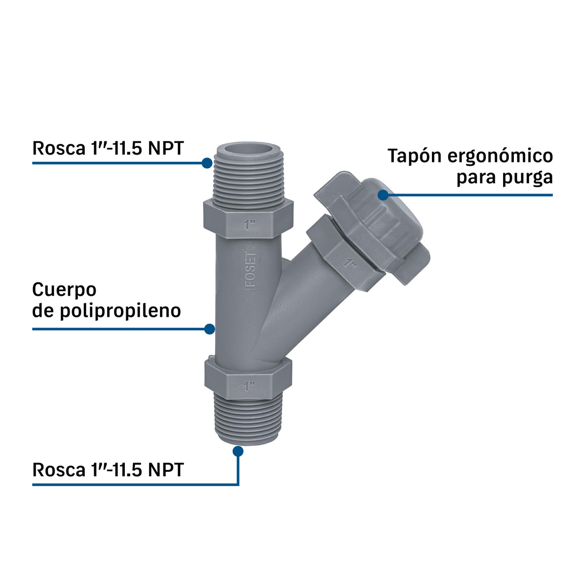 Conector Yee de polipropileno de 1" para bomba p/agua, FOSET