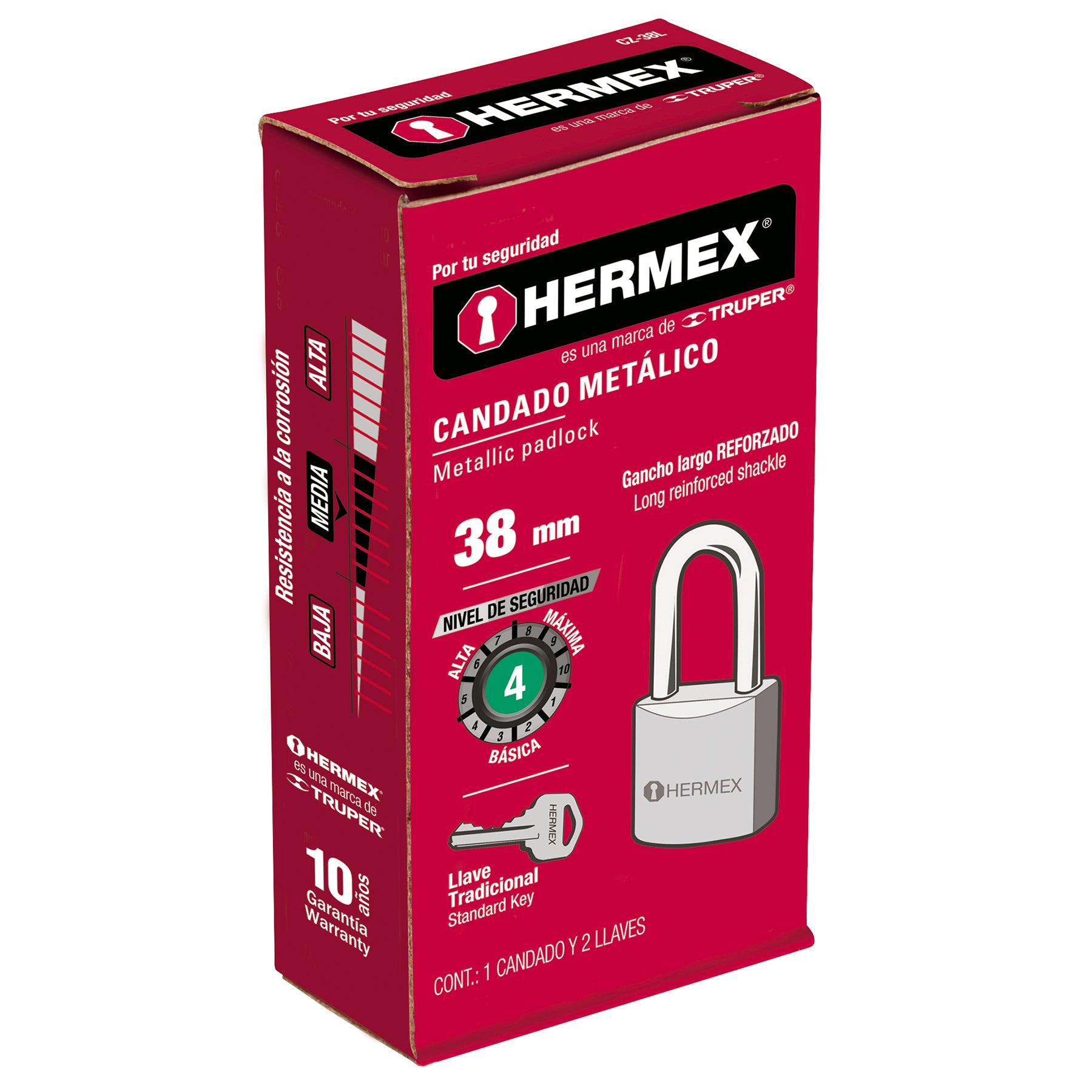 Candado metálico, 50 mm, gancho largo, HERMEX