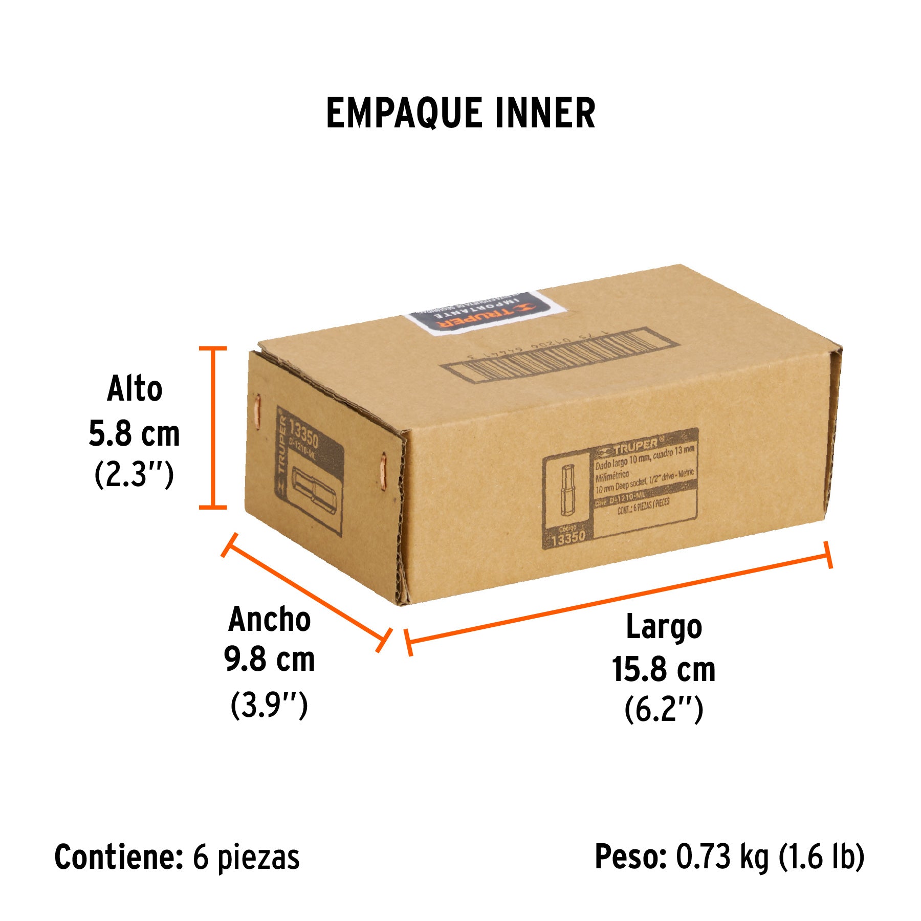 Dado largo de 10 mm, 6 puntas, cuadro 1/2", TRUPER - Empaque