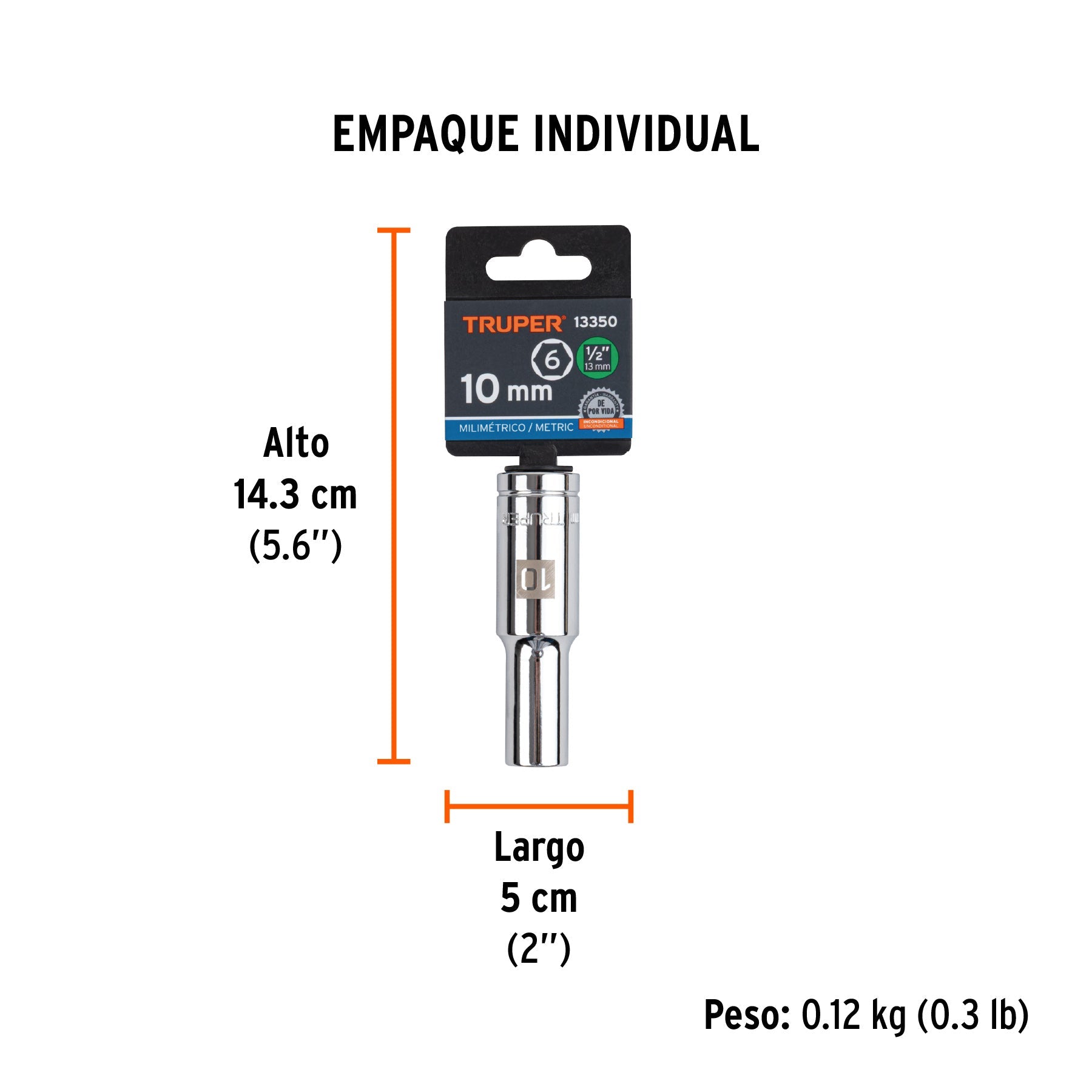 Dado largo de 10 mm, 6 puntas, cuadro 1/2", TRUPER - Empaque