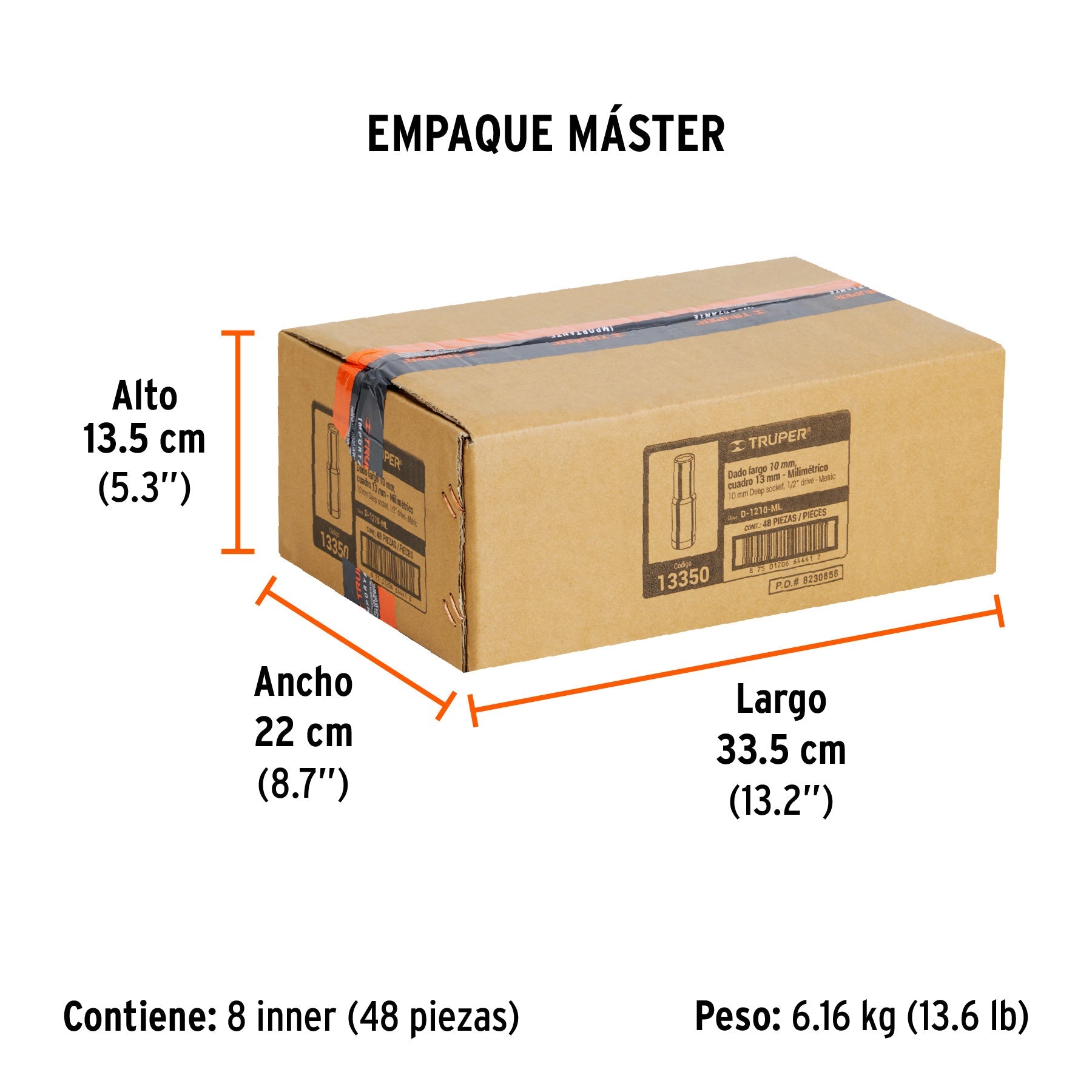 Dado largo de 10 mm, 6 puntas, cuadro 1/2", TRUPER - Empaque