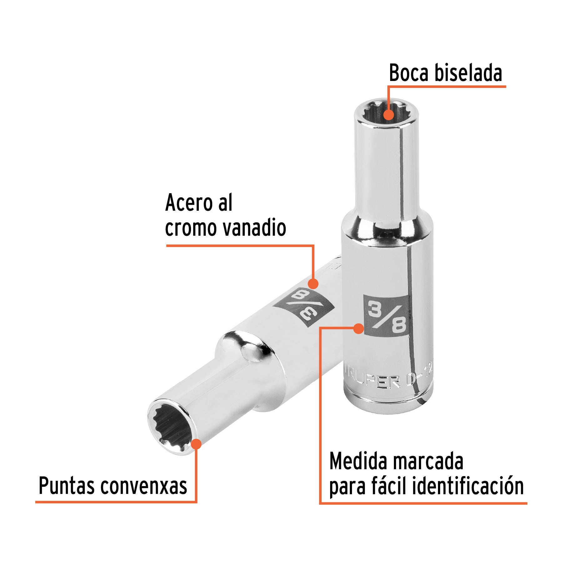 Dado largo de 3/8" 12 puntas, cuadro 1/2", TRUPER
