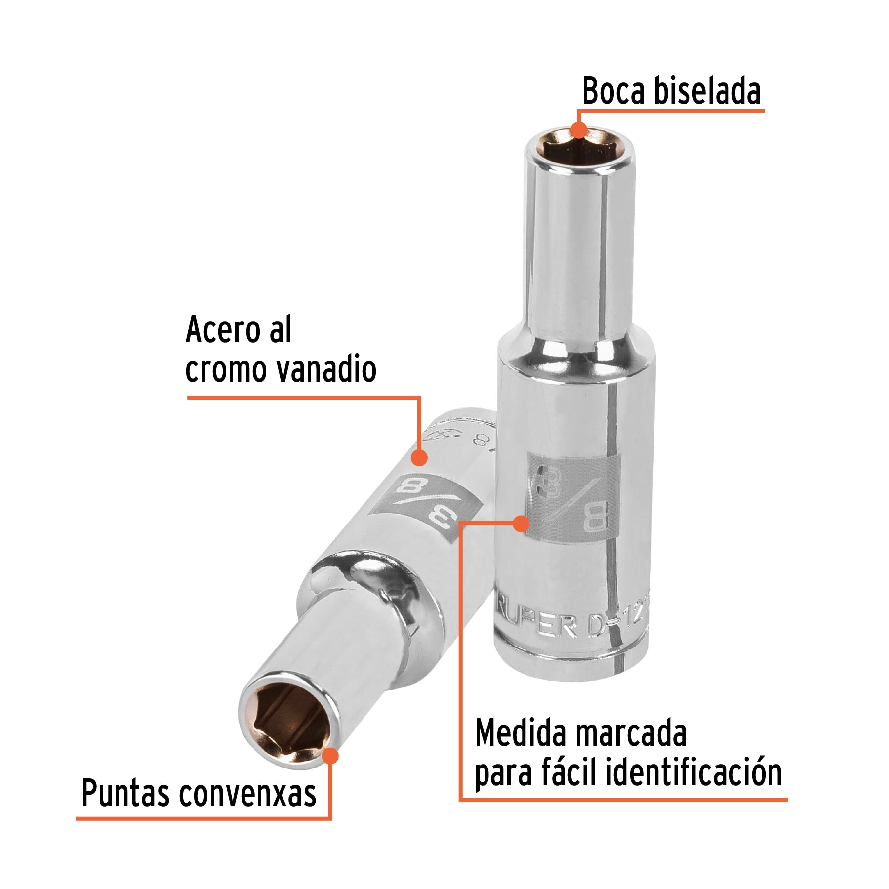 Dado largo de 3/8", 6 puntas, cuadro 1/2", TRUPER