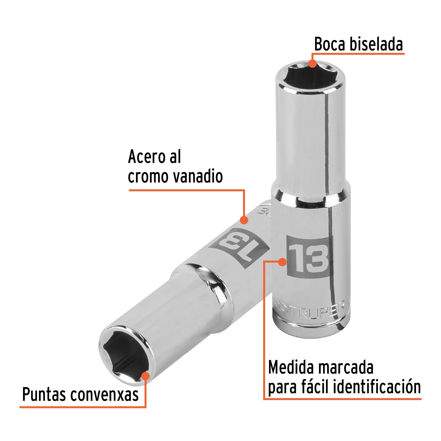 Dado largo de 13 mm, 6 puntas, cuadro 1/2", TRUPER