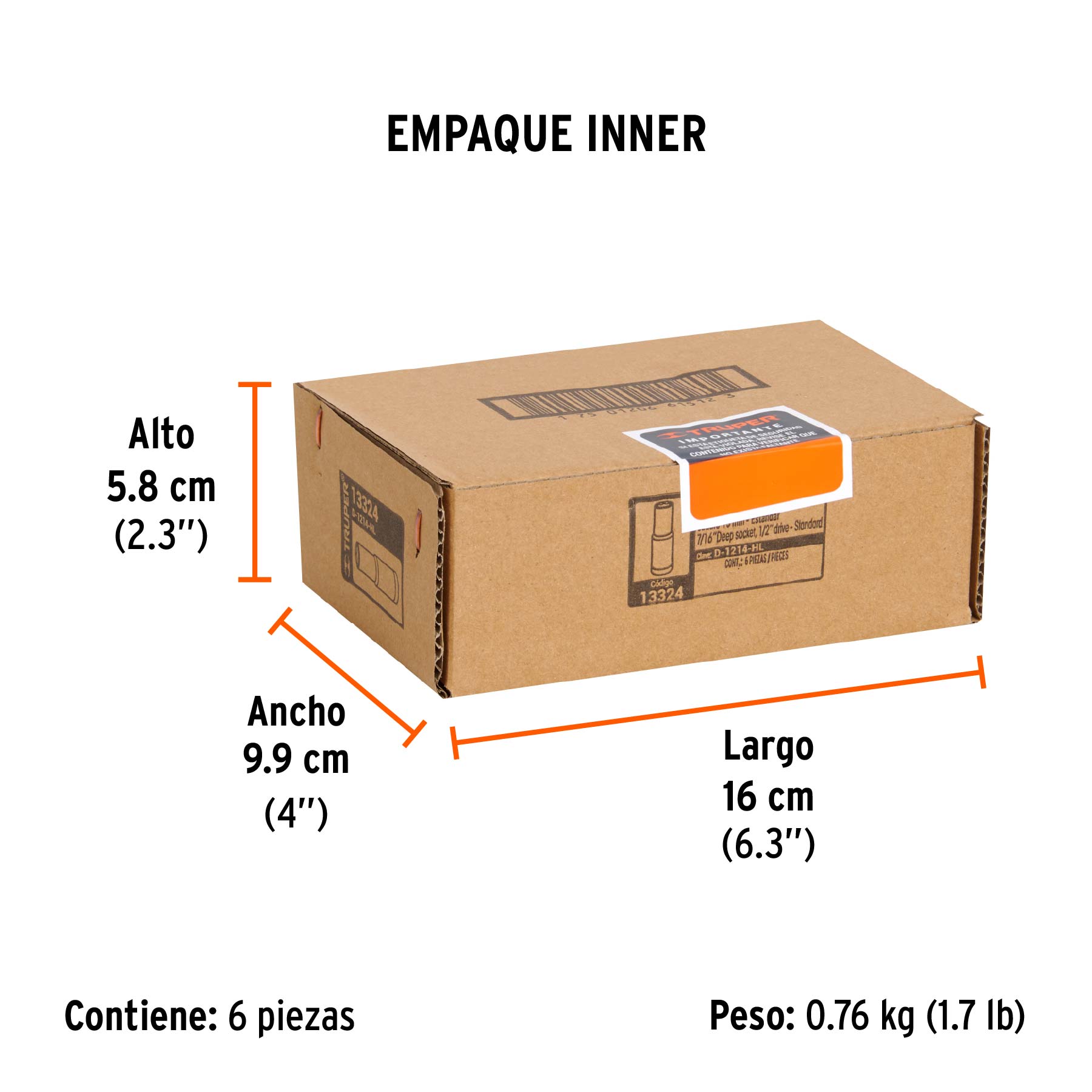 Dado largo de 7/16", 6 puntas, cuadro 1/2", TRUPER - Empaque