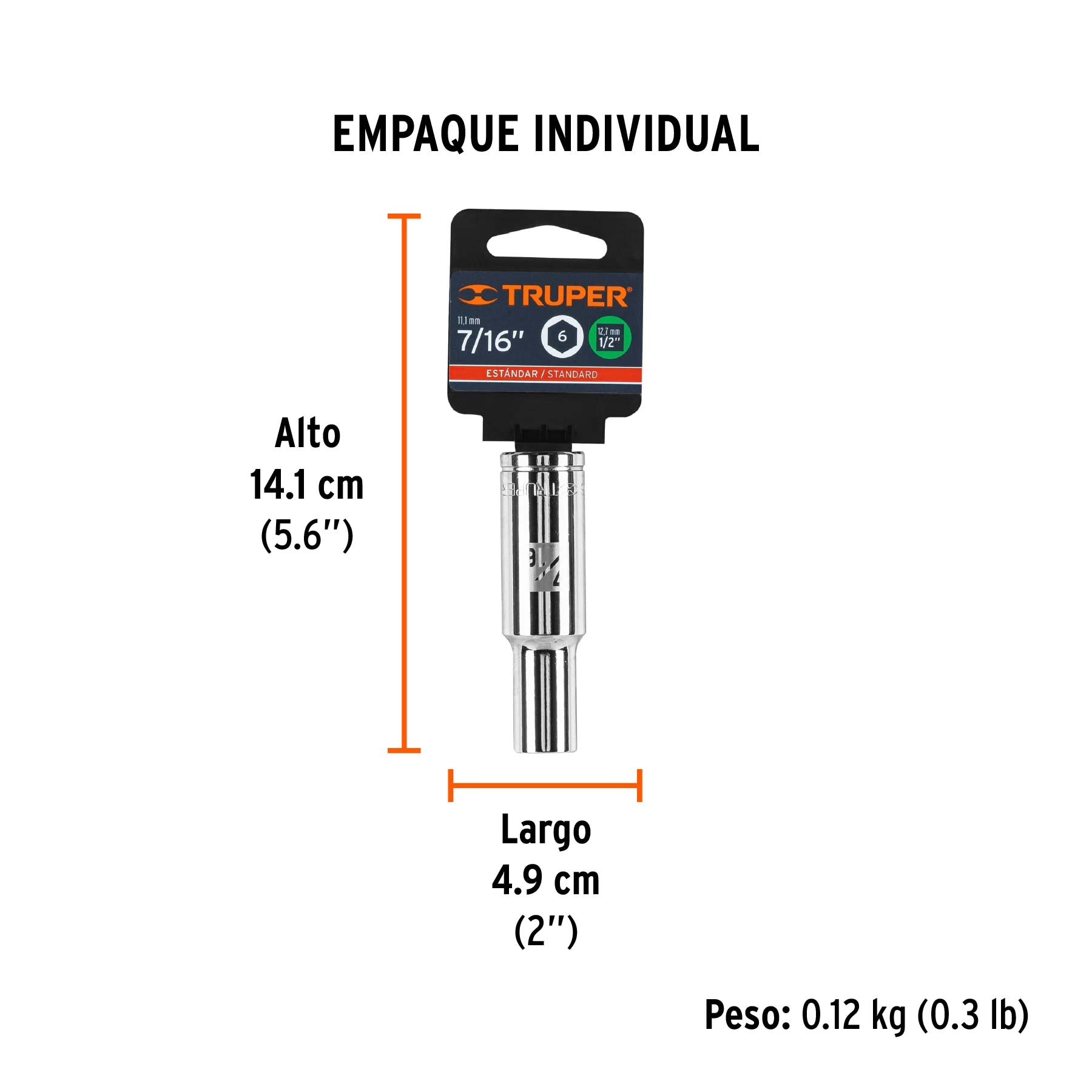 Dado largo de 7/16", 6 puntas, cuadro 1/2", TRUPER - Empaque