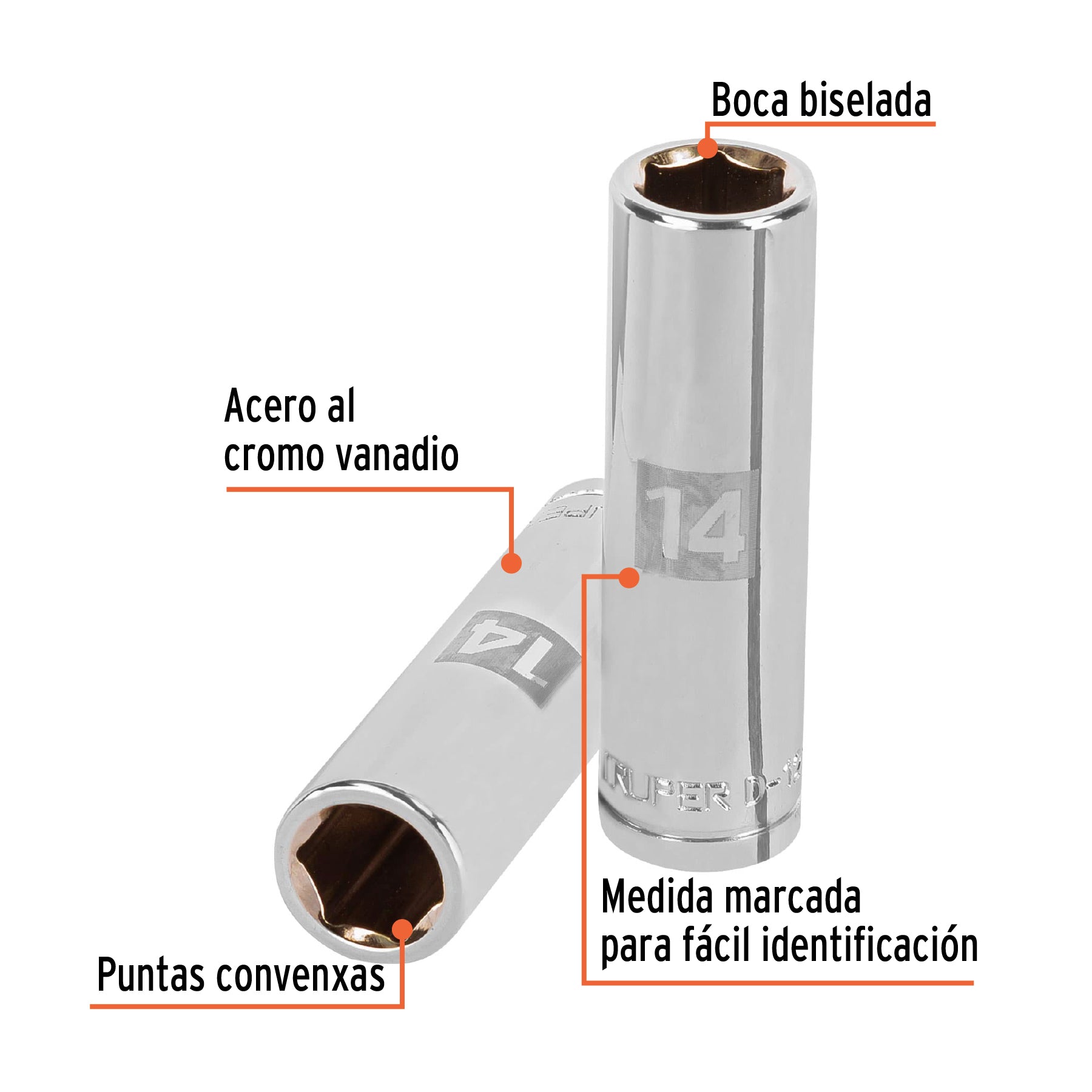 Dado largo de 14 mm, 6 puntas, cuadro 1/2", TRUPER