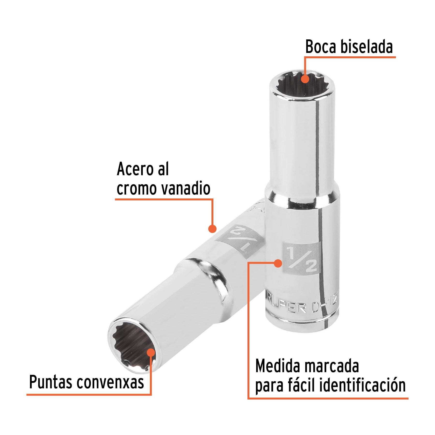 Dado largo de 1/2", 12 puntas, cuadro 1/2", TRUPER