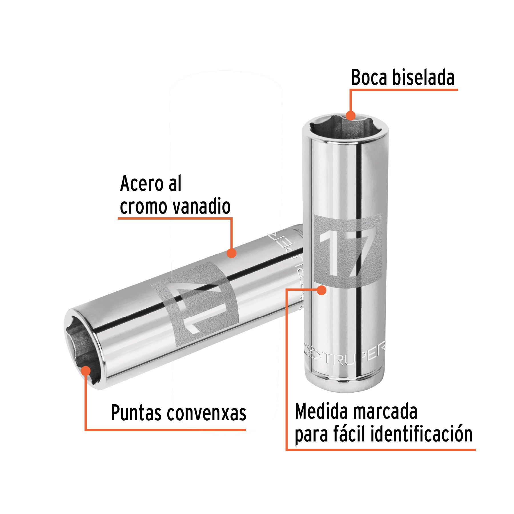 Dado largo de 17 mm, 6 puntas, cuadro 1/2", TRUPER