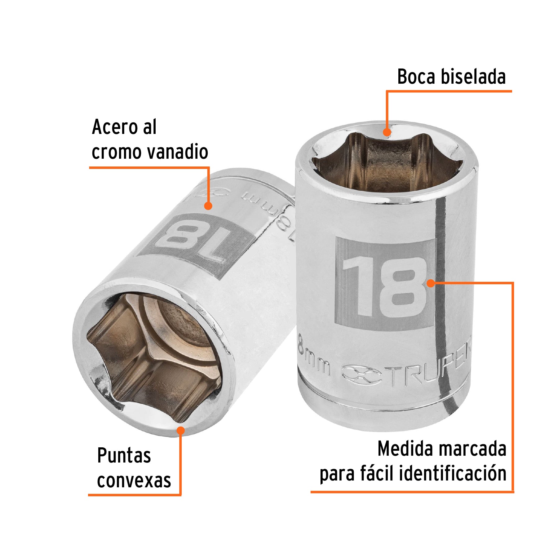 Dado de 18 mm, 6 puntas, cuadro 1/2", TRUPER