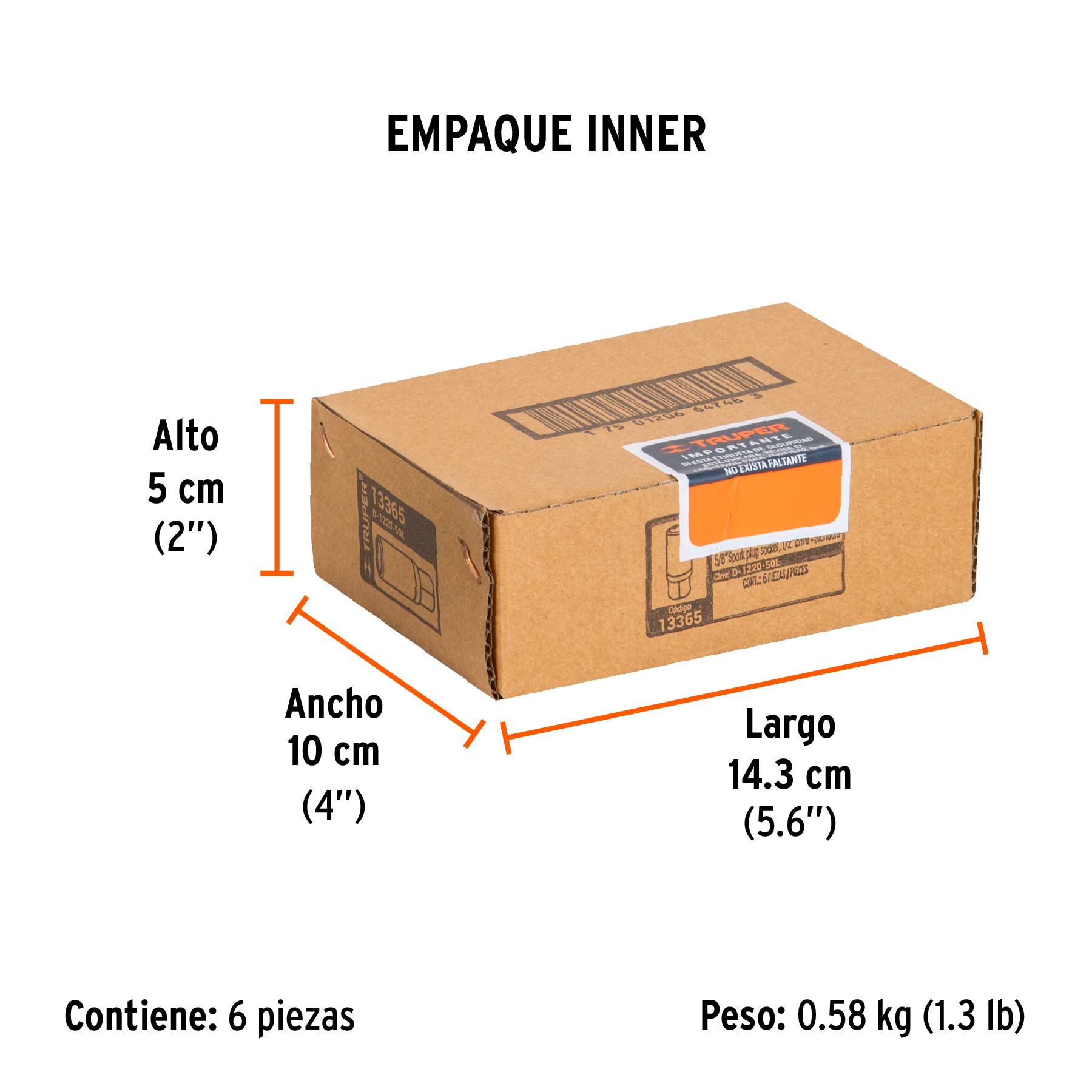Dado largo para bujía de 5/8", 6 puntas, cuadro de 1/2" - Empaque