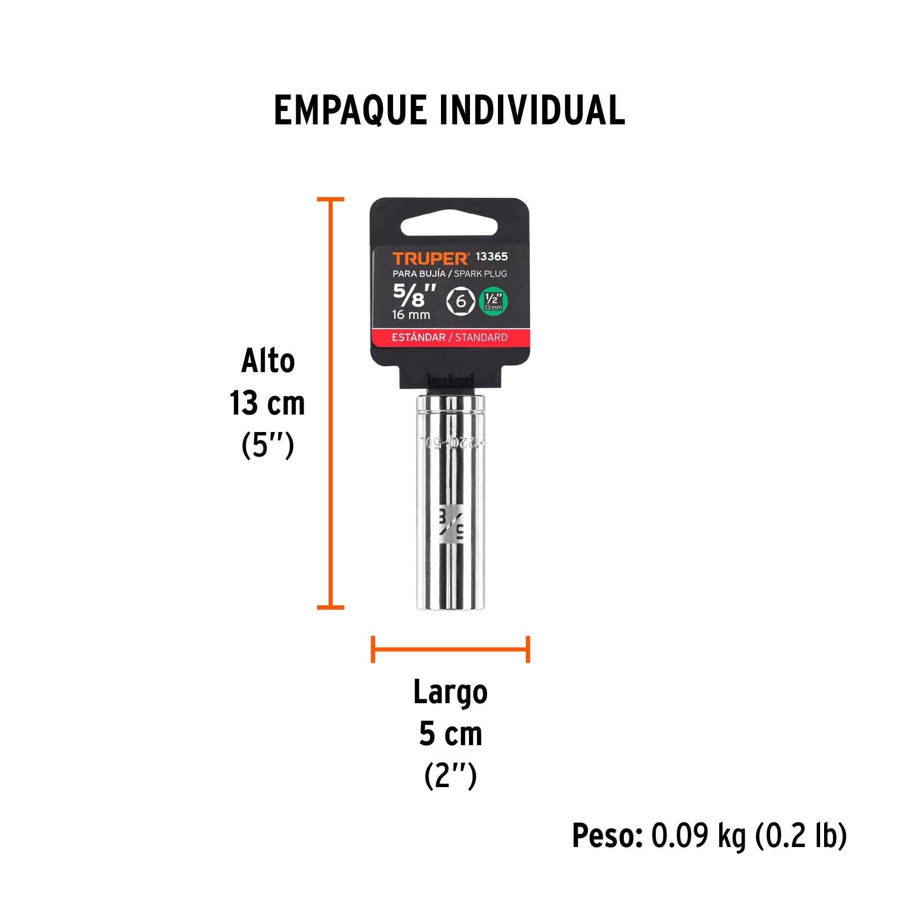 Dado largo para bujía de 5/8", 6 puntas, cuadro de 1/2" - Empaque
