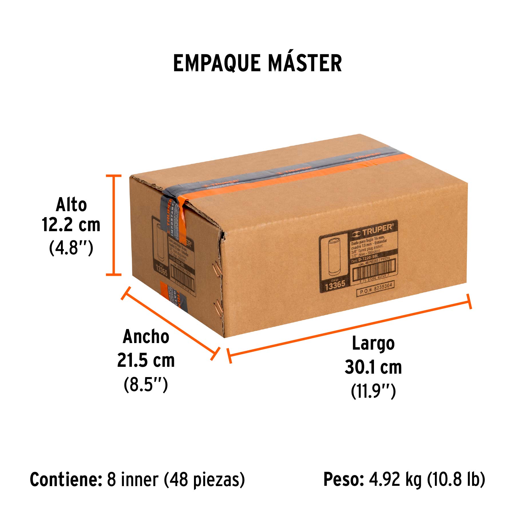 Dado largo para bujía de 5/8", 6 puntas, cuadro de 1/2" - Empaque