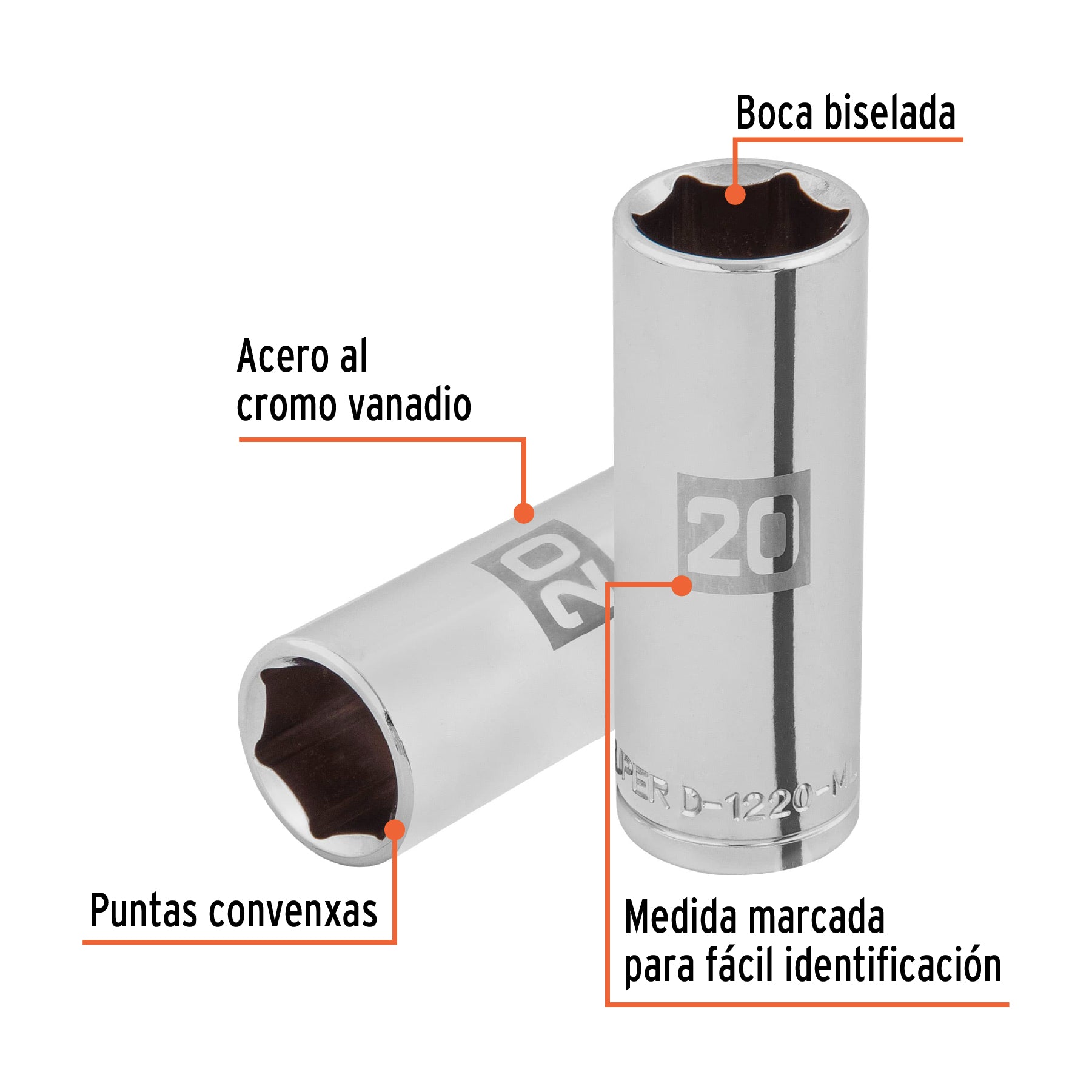 Dado largo de 20 mm, 6 puntas, cuadro 1/2", TRUPER
