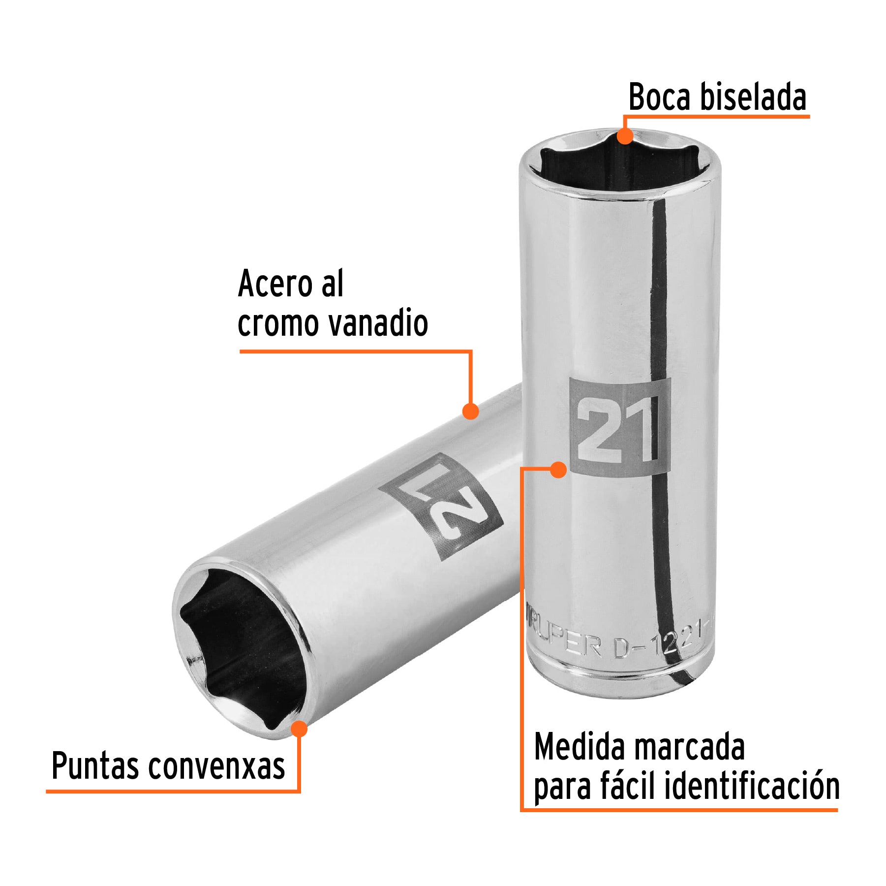 Dado largo de 21 mm, 6 puntas, cuadro 1/2", TRUPER