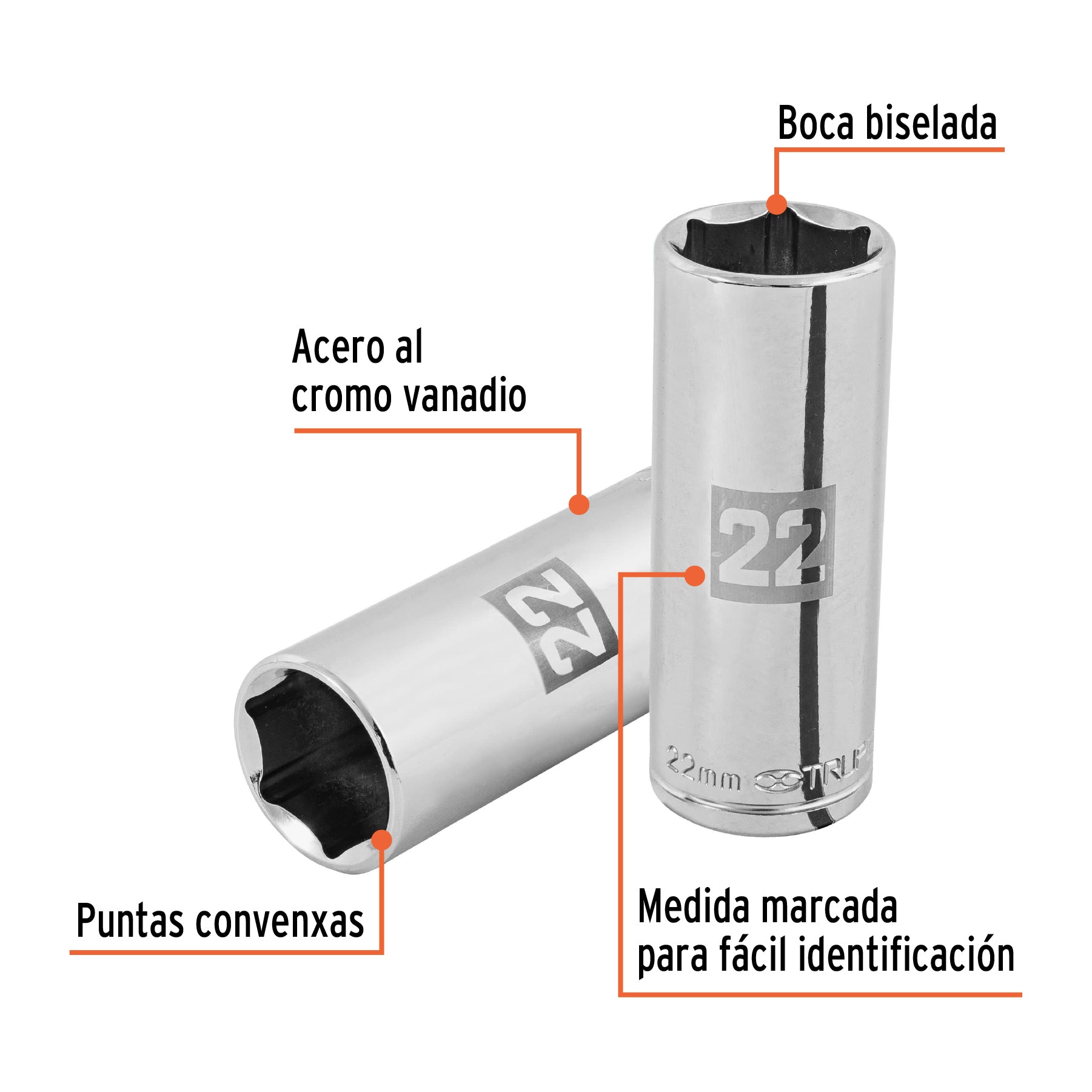 Dado largo de 22 mm, 6 puntas, cuadro 1/2", TRUPER