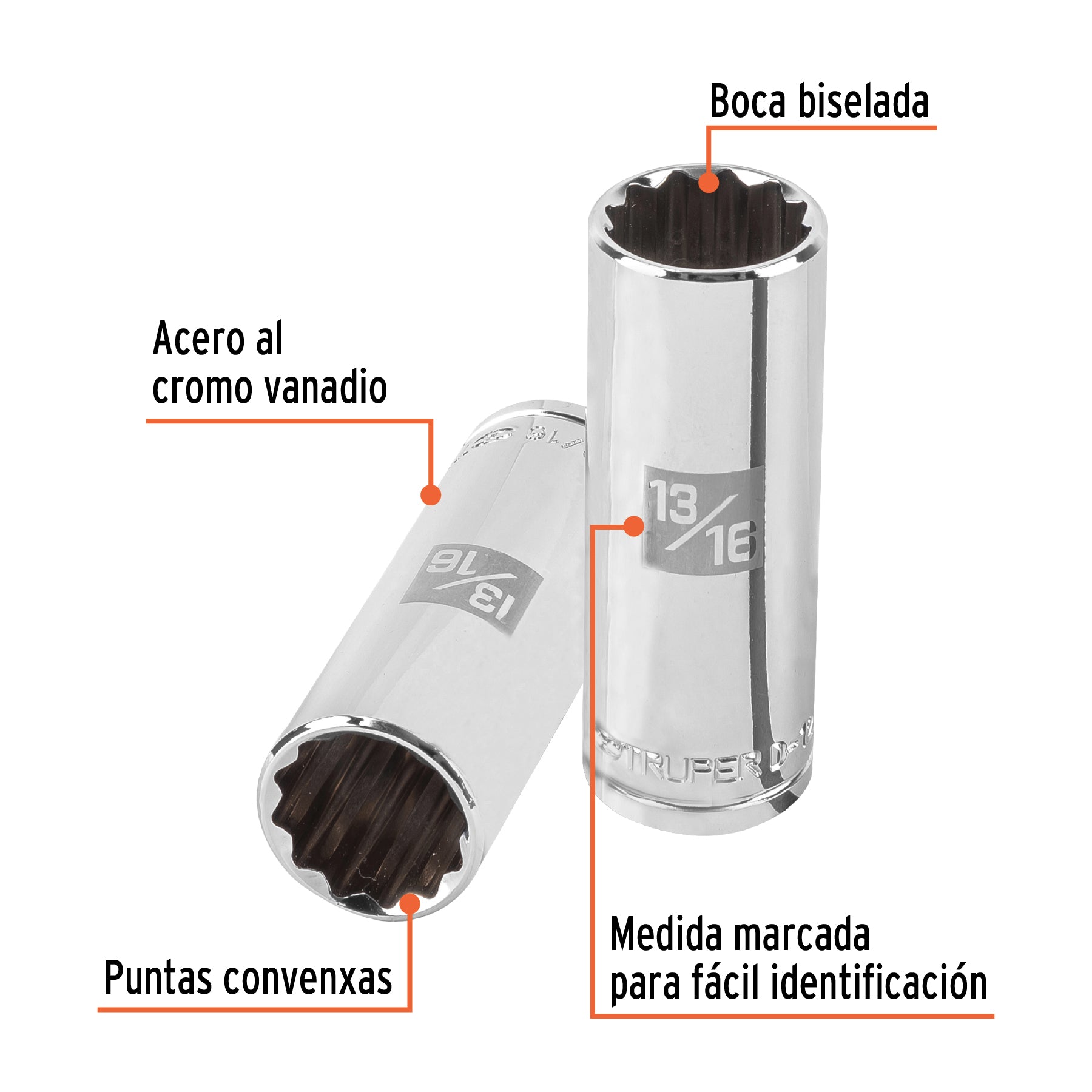 Dado largo de 13/16", 12 puntas, cuadro 1/2", TRUPER