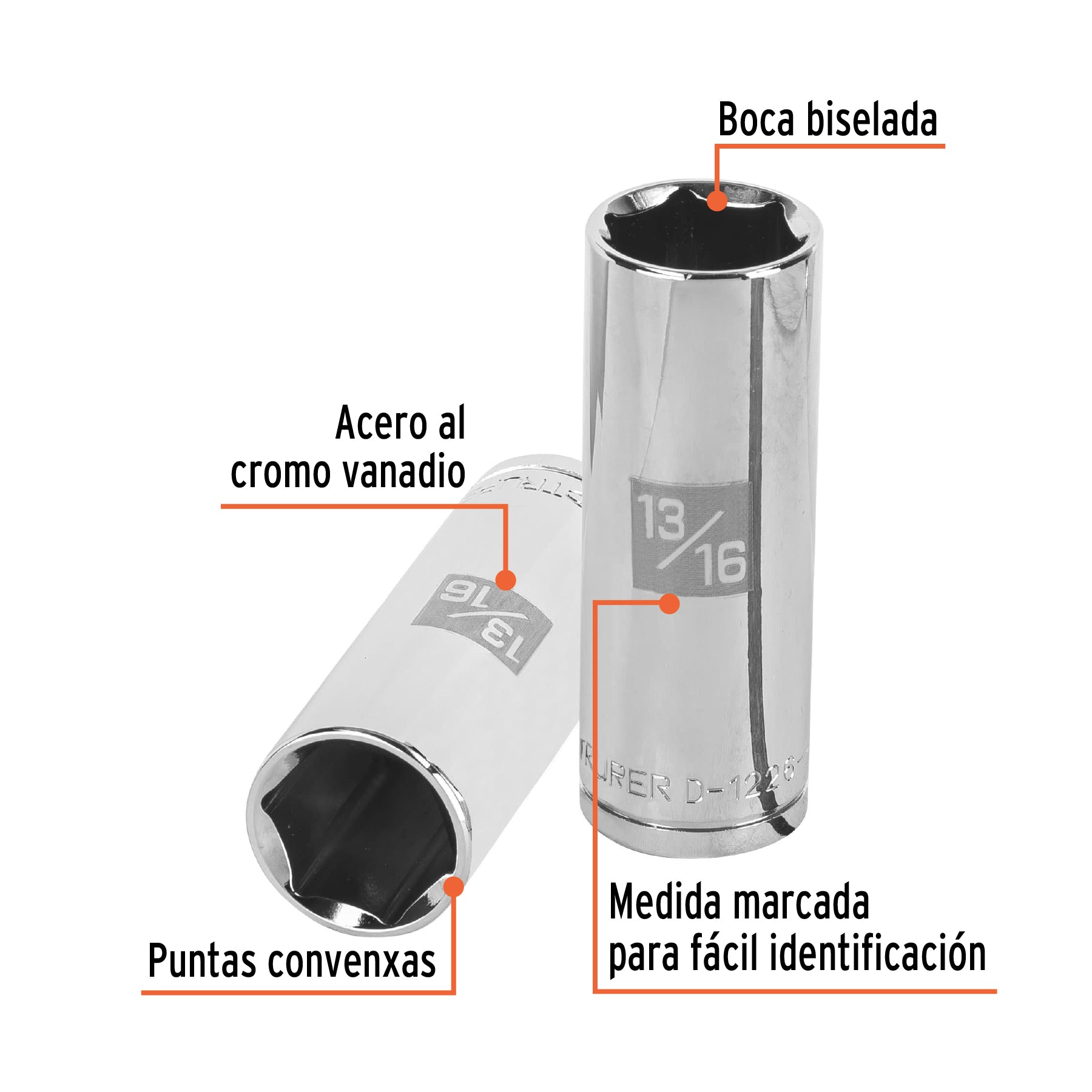 Dado largo de 13/16", 6 puntas, cuadro 1/2", TRUPER