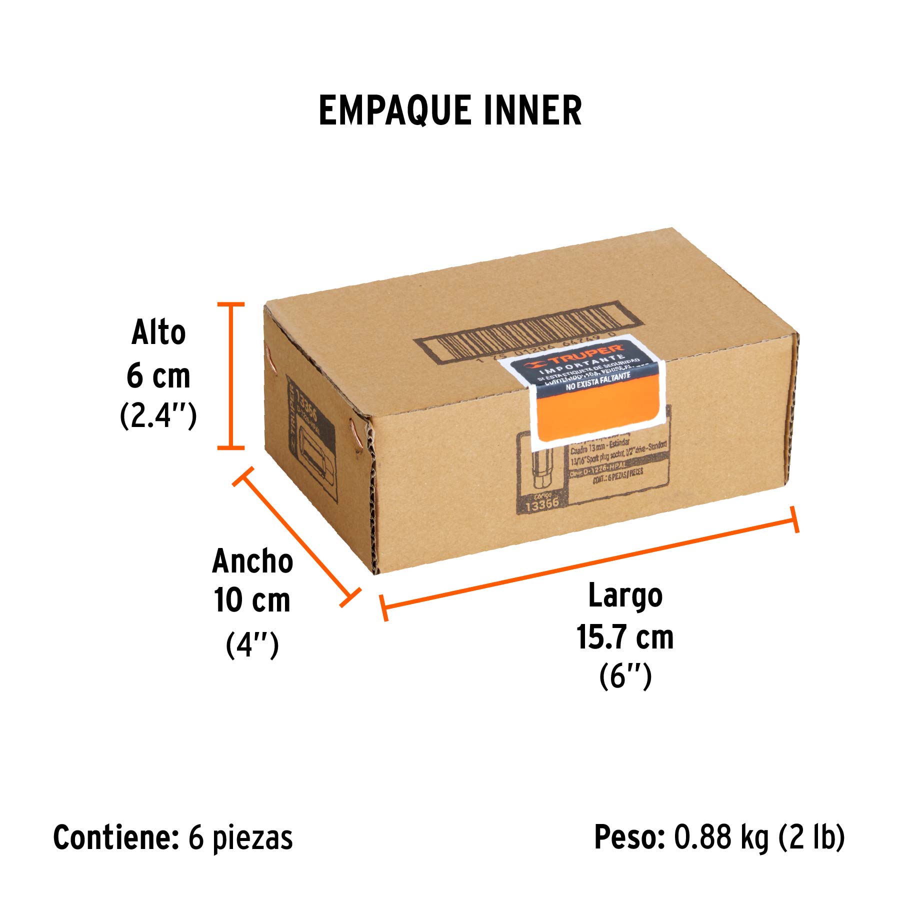 Dado largo para bujía de 13/16", 6 puntas, cuadro 1/2" - Empaque