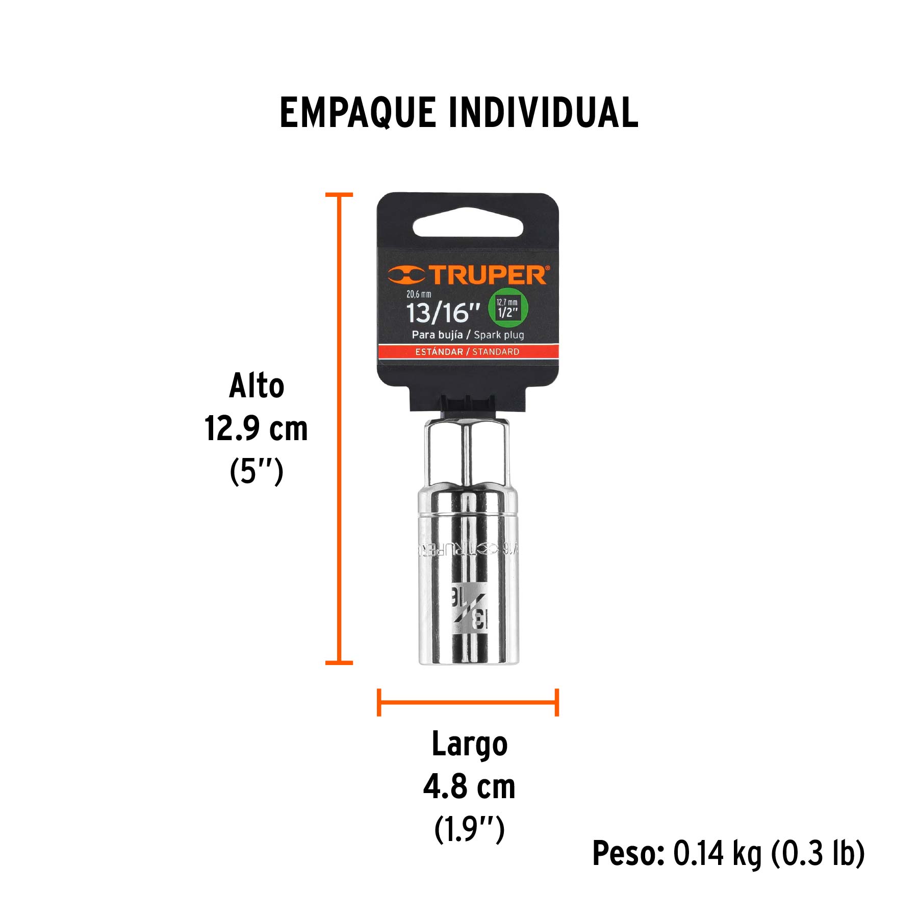 Dado largo para bujía de 13/16", 6 puntas, cuadro 1/2" - Empaque