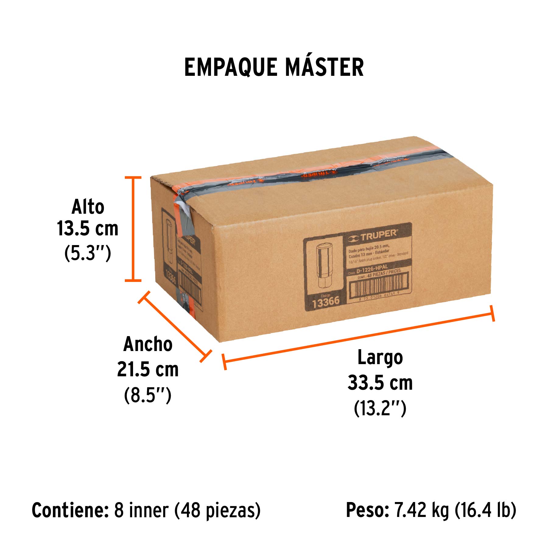 Dado largo para bujía de 13/16", 6 puntas, cuadro 1/2" - Empaque