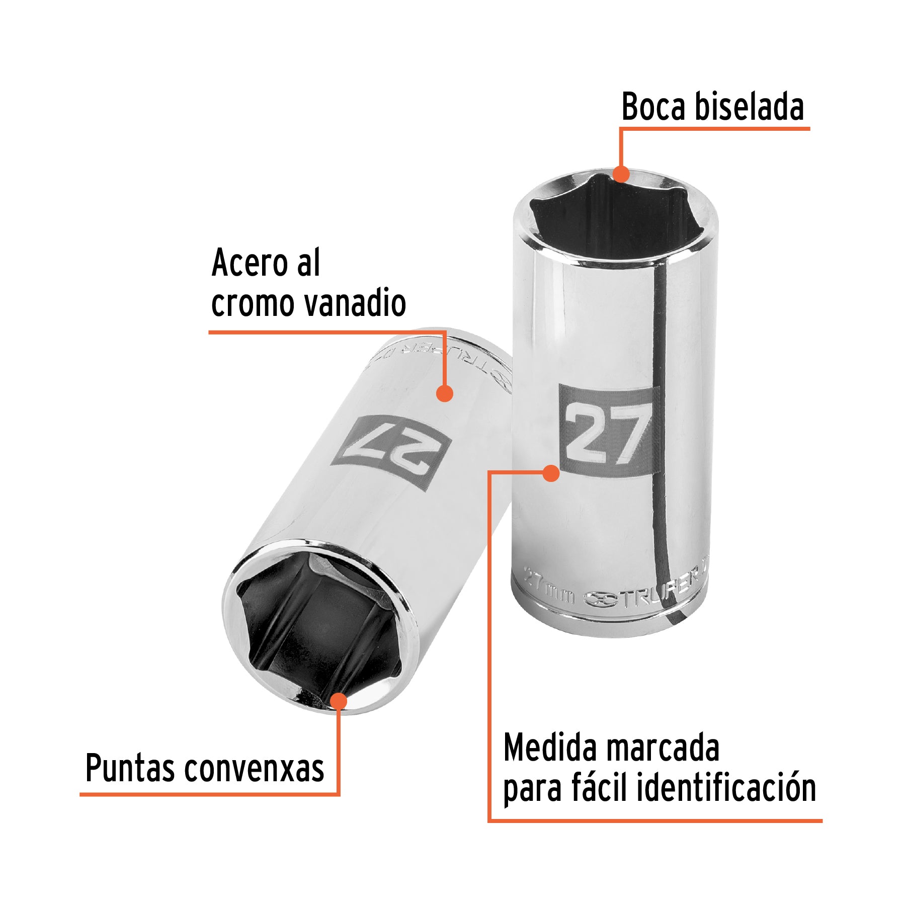 Dado largo de 27 mm, 6 puntas, cuadro 1/2", TRUPER