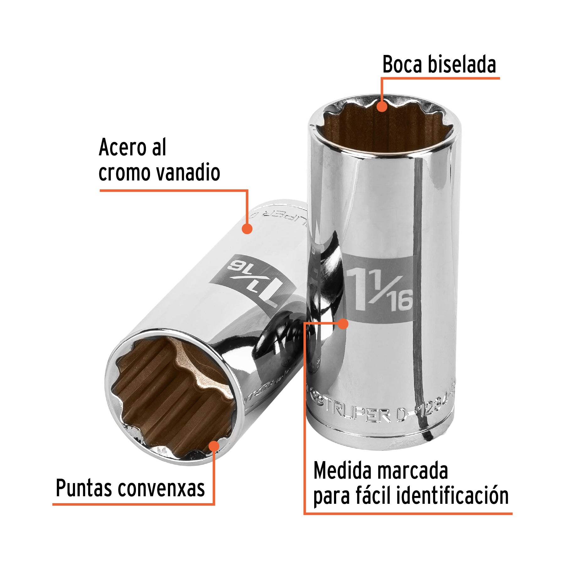Dado largo de 1-1/16", 12 puntas, cuadro 1/2", TRUPER
