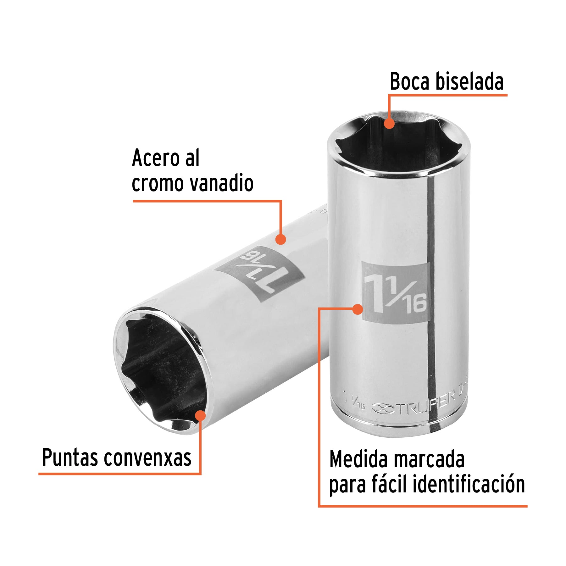 Dado largo de 1-1/16", 6 puntas, cuadro 1/2", TRUPER
