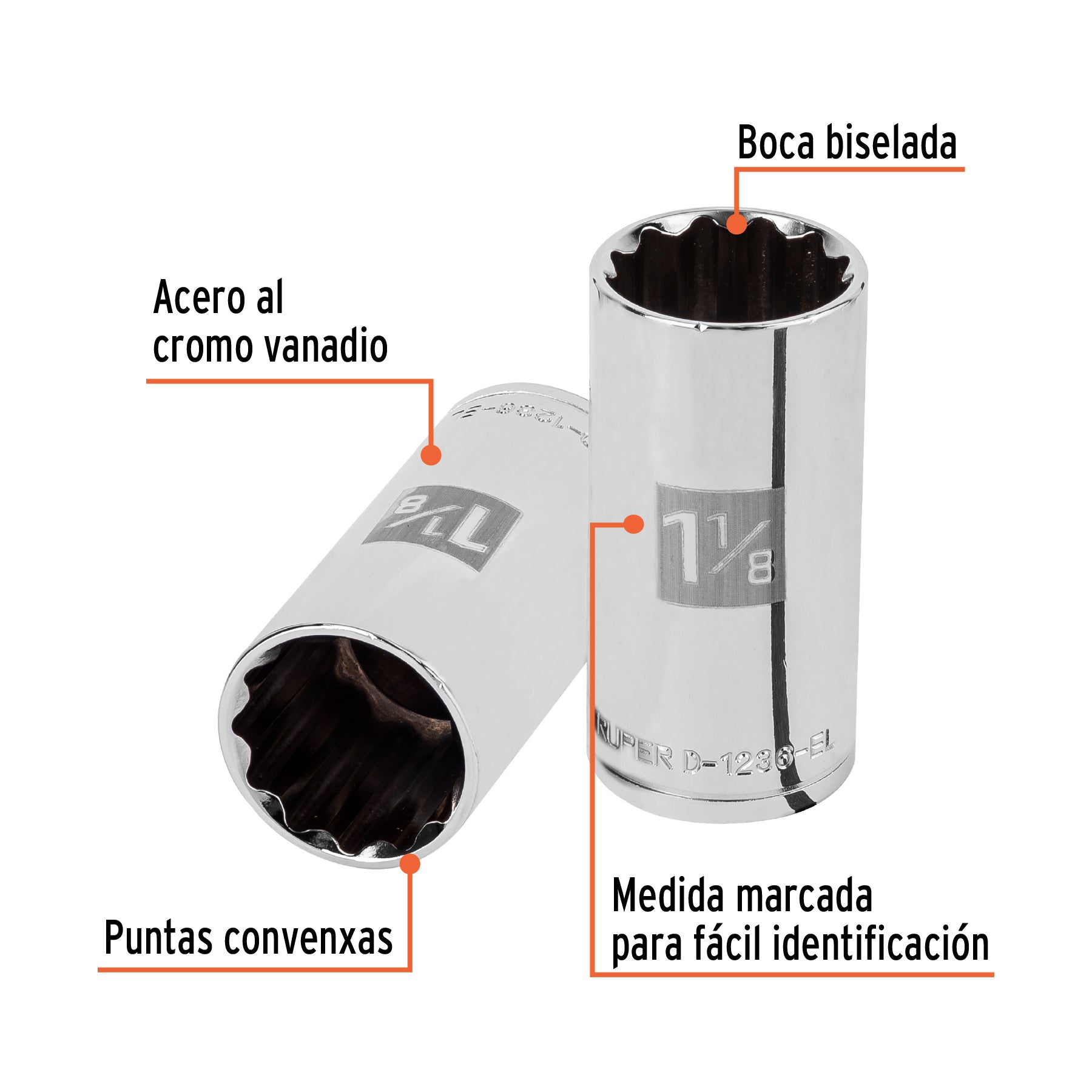 Dado largo de 1-1/8", 12 puntas, cuadro 1/2", TRUPER