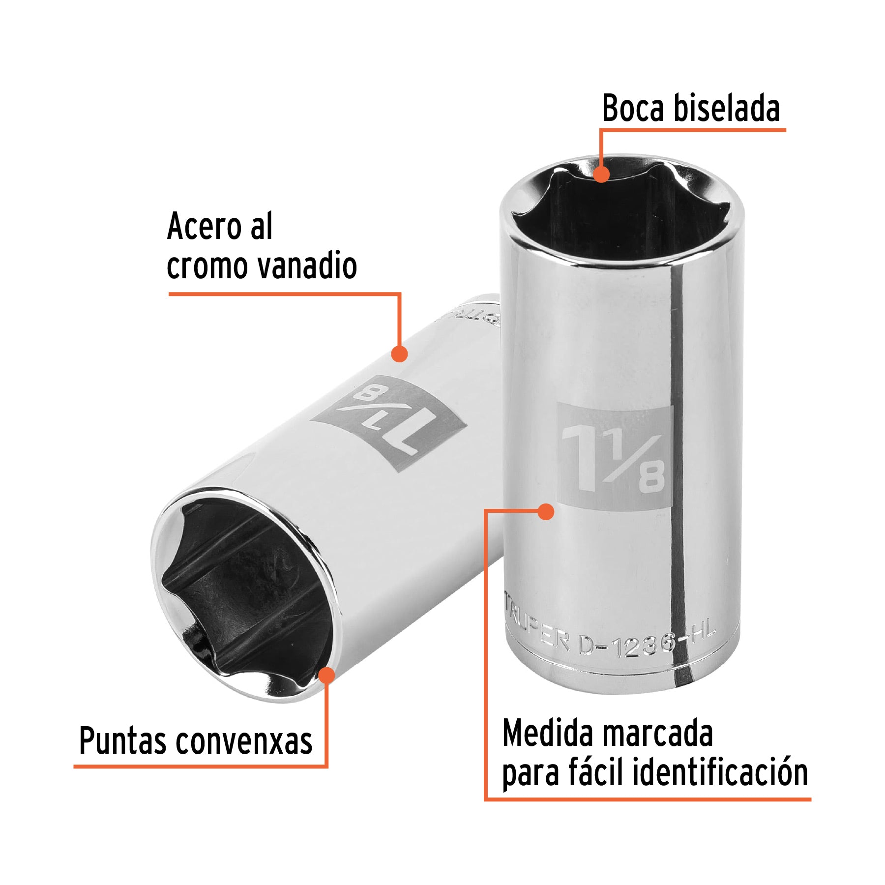 Dado largo de 1-1/8", 6 puntas, cuadro 1/2", TRUPER