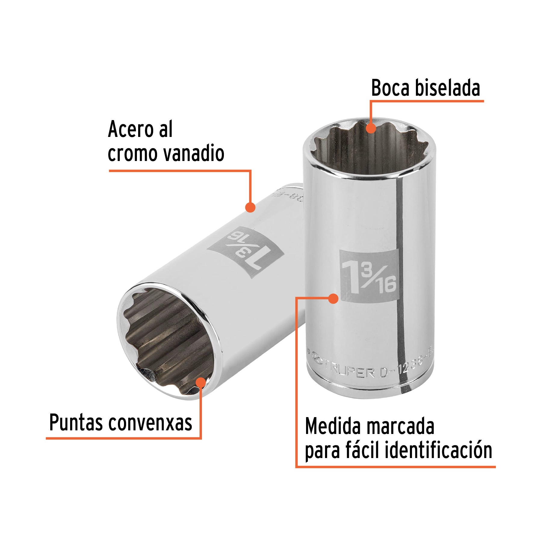 Dado largo de 1-3/16" 12 puntas, cuadro 1/2", TRUPER