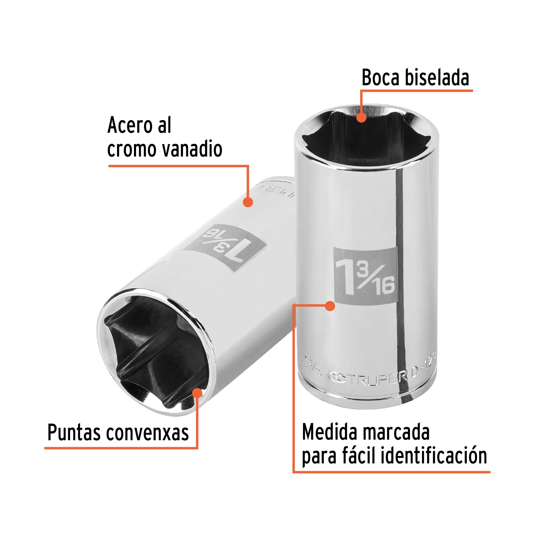 Dado largo de 1-3/16", 6 puntas, cuadro 1/2", TRUPER