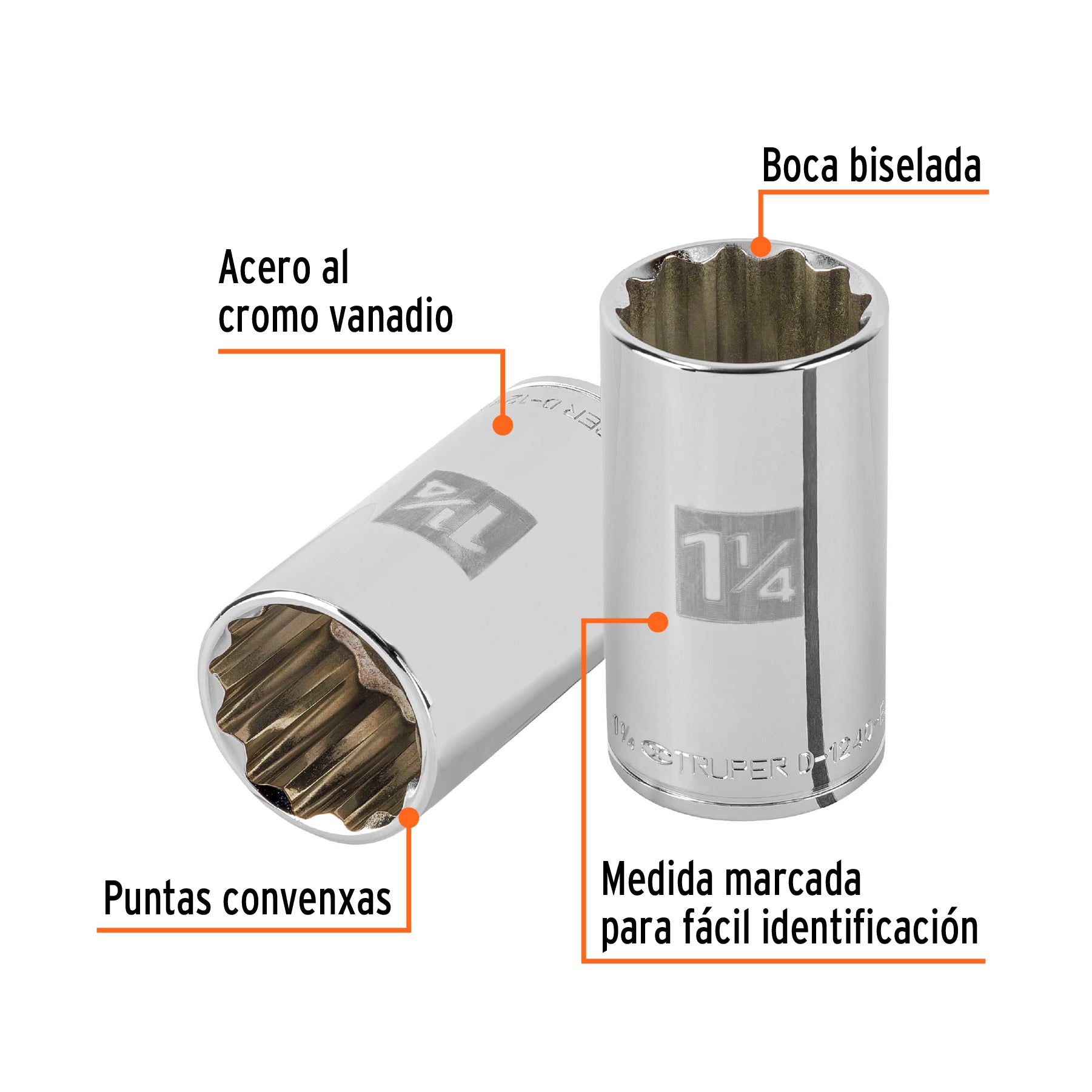 Dado largo de 1-1/4" 12 puntas, cuadro 1/2", TRUPER