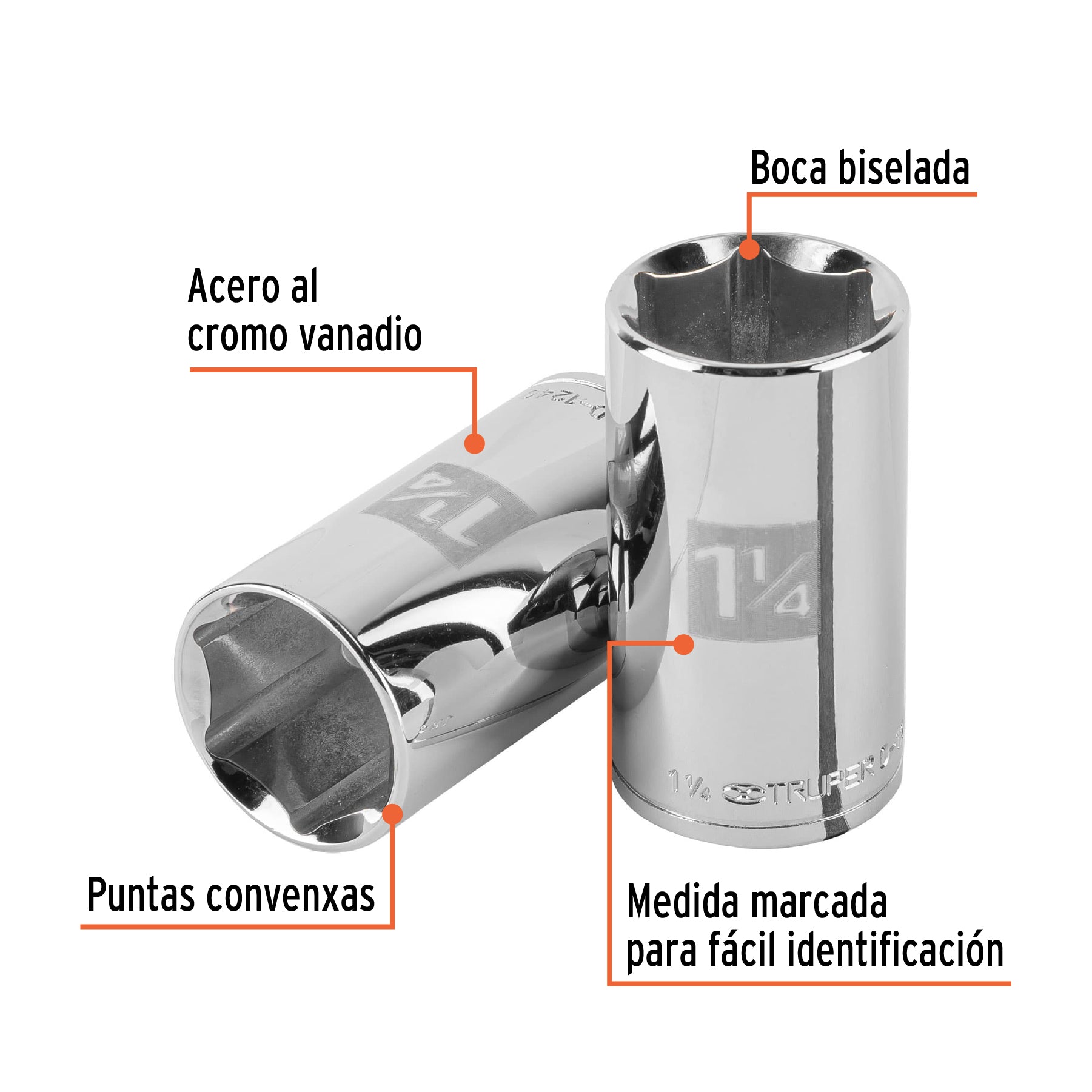 Dado largo de 1-1/4", 6 puntas, cuadro 1/2", TRUPER