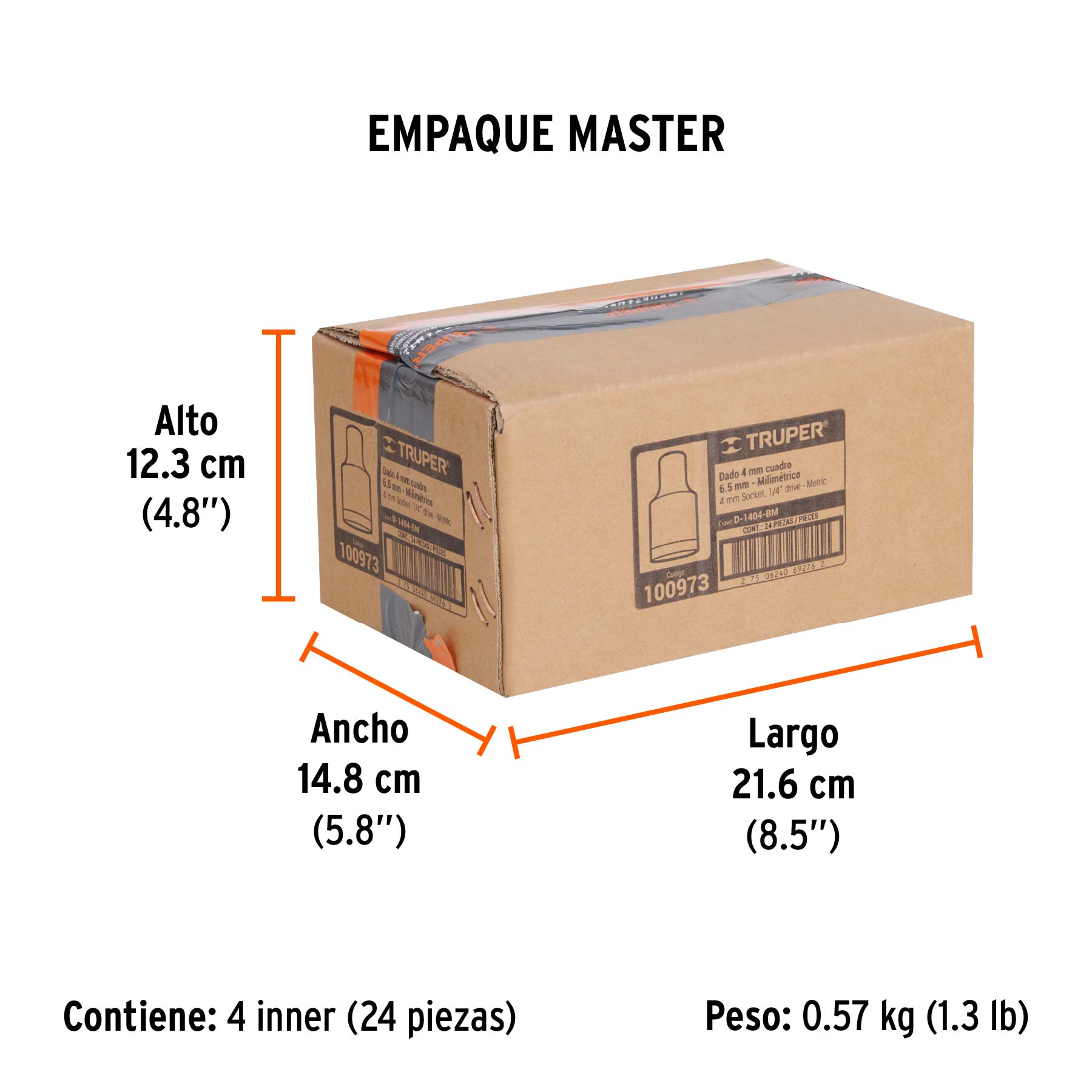 Dado de 4 mm, 12 puntas, cuadro 1/4", TRUPER - Empaque