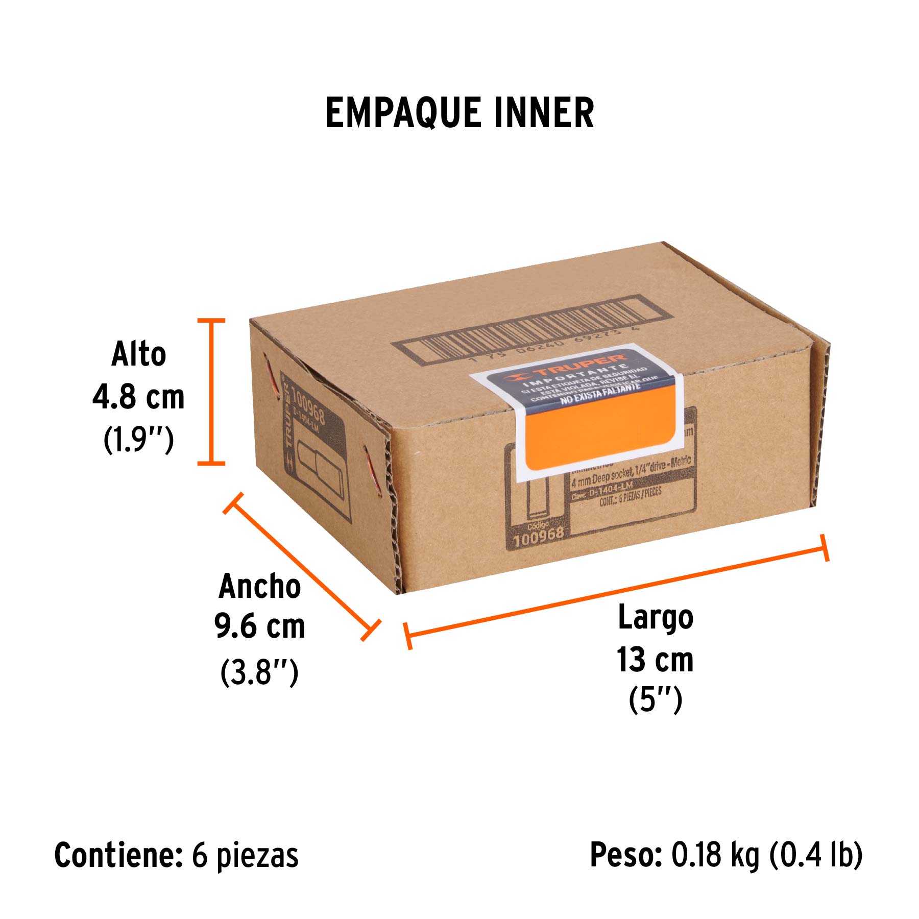 Dado largo de 4 mm, 6 puntas, cuadro 1/4", TRUPER - Empaque