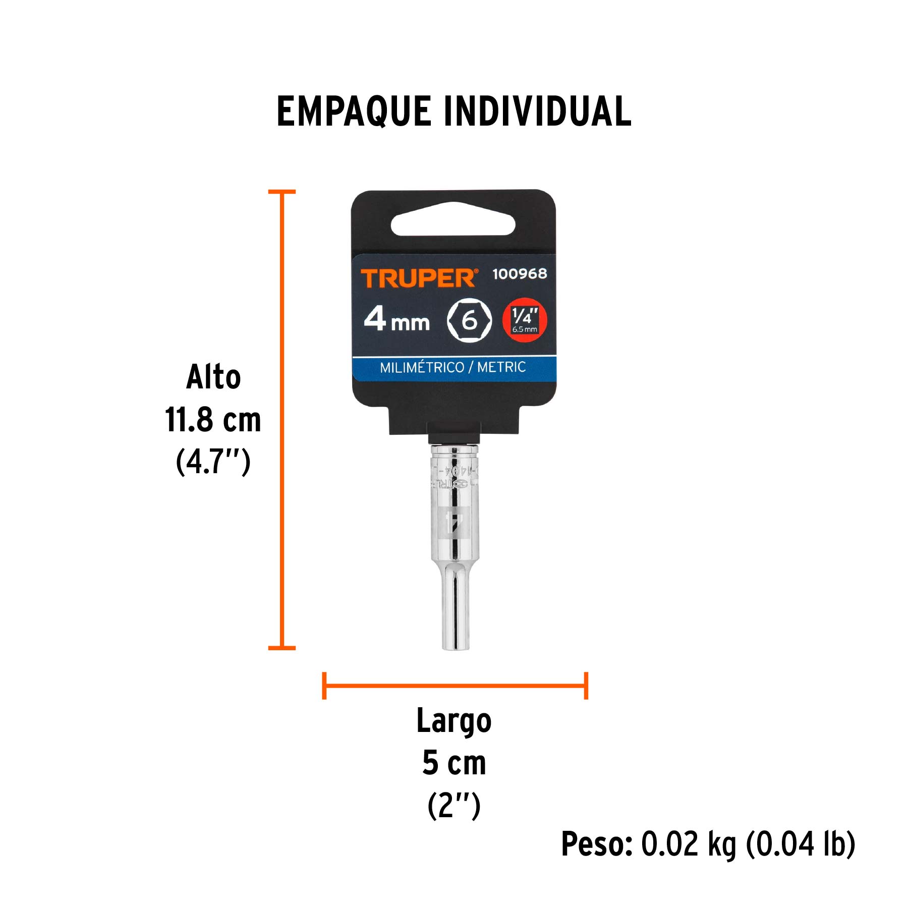 Dado largo de 4 mm, 6 puntas, cuadro 1/4", TRUPER - Empaque