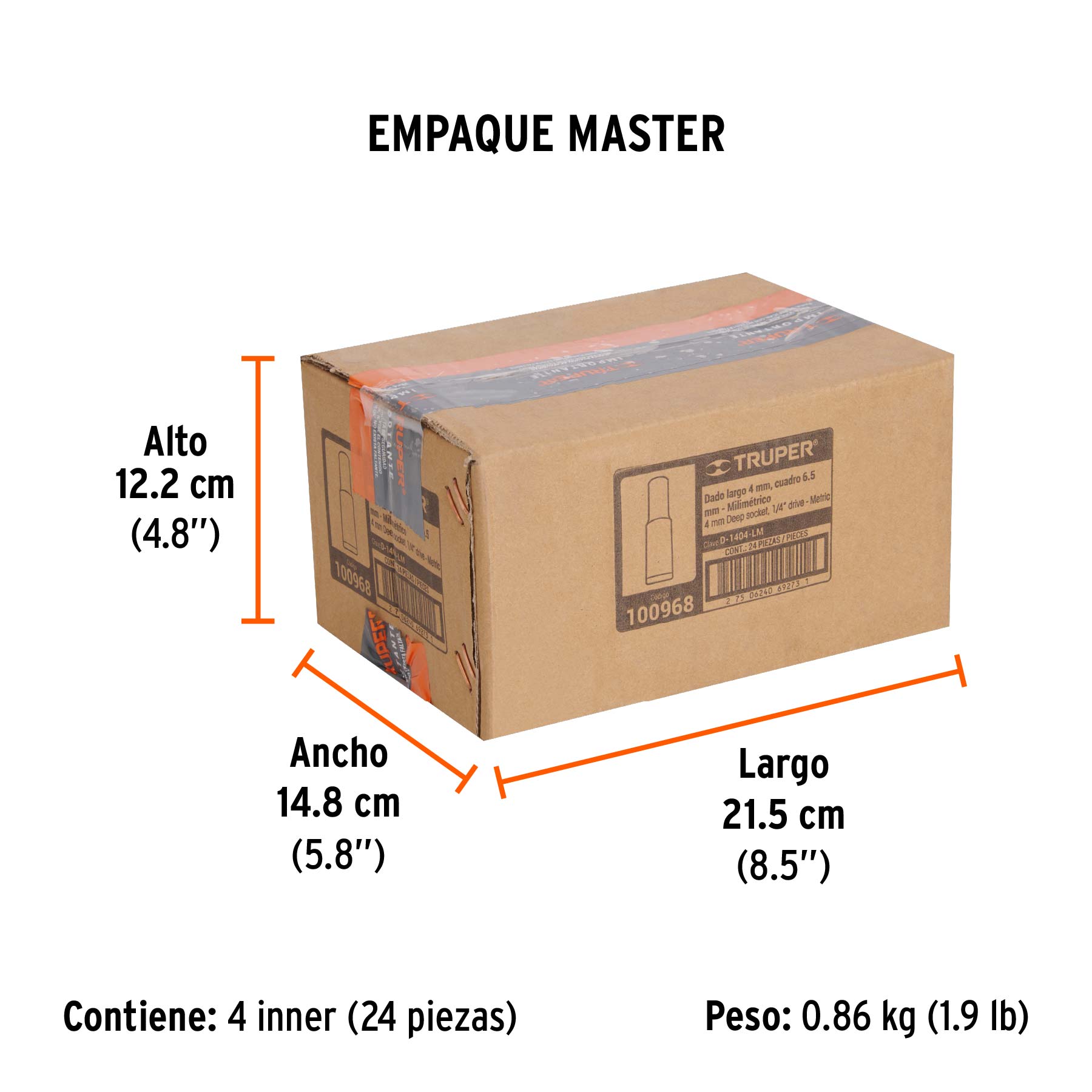 Dado largo de 4 mm, 6 puntas, cuadro 1/4", TRUPER - Empaque