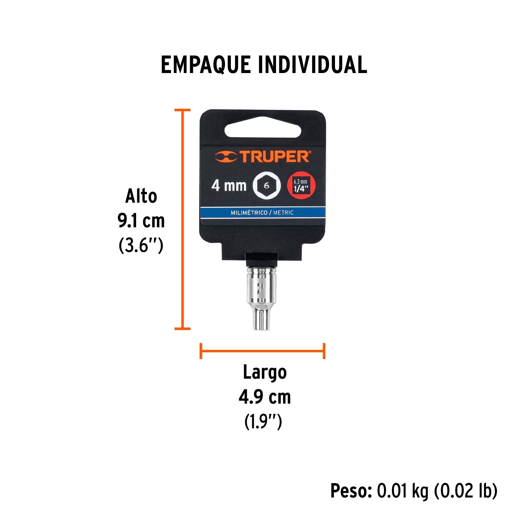 Dado de 4 mm, 6 puntas, cuadro 1/4", TRUPER - Empaque