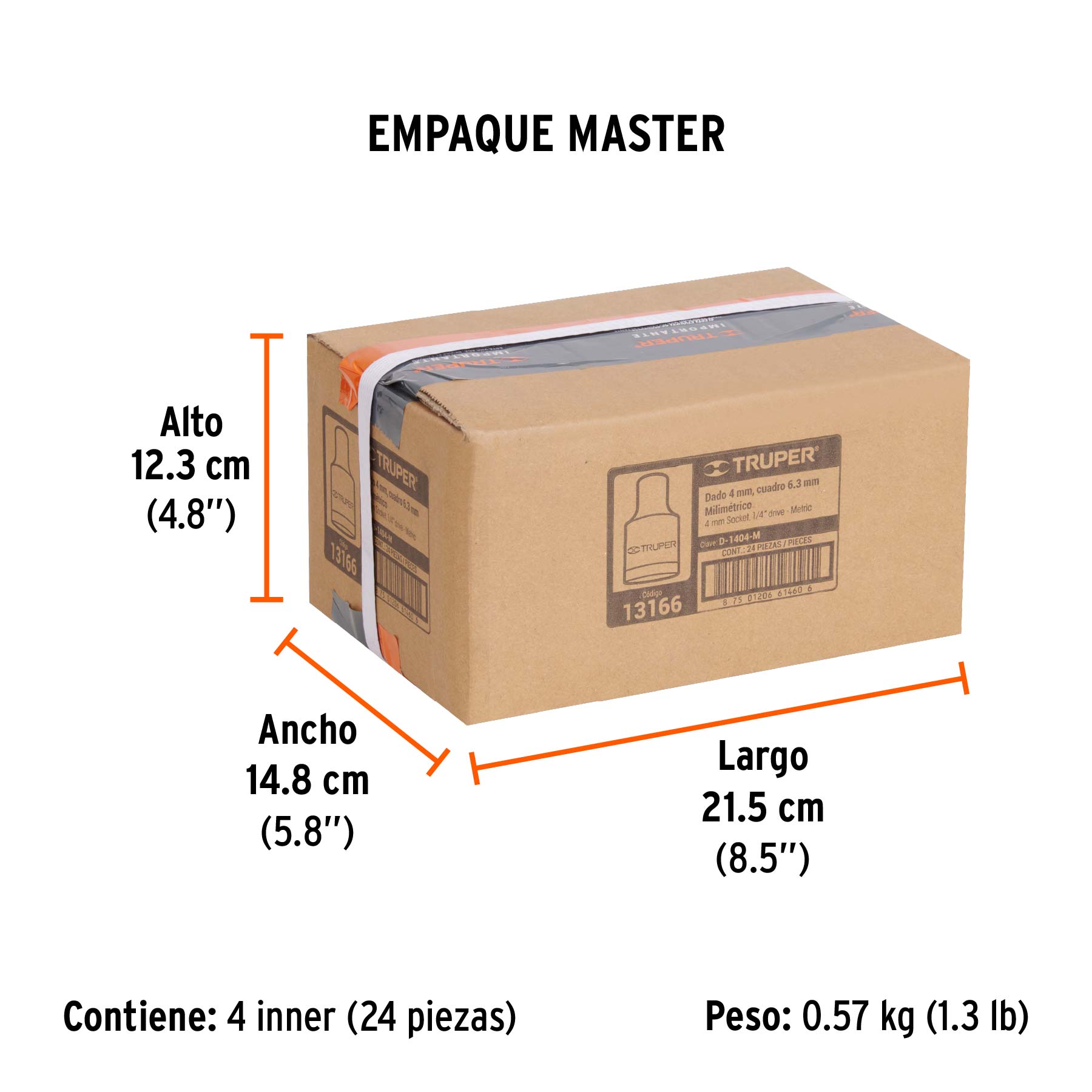 Dado de 4 mm, 6 puntas, cuadro 1/4", TRUPER - Empaque
