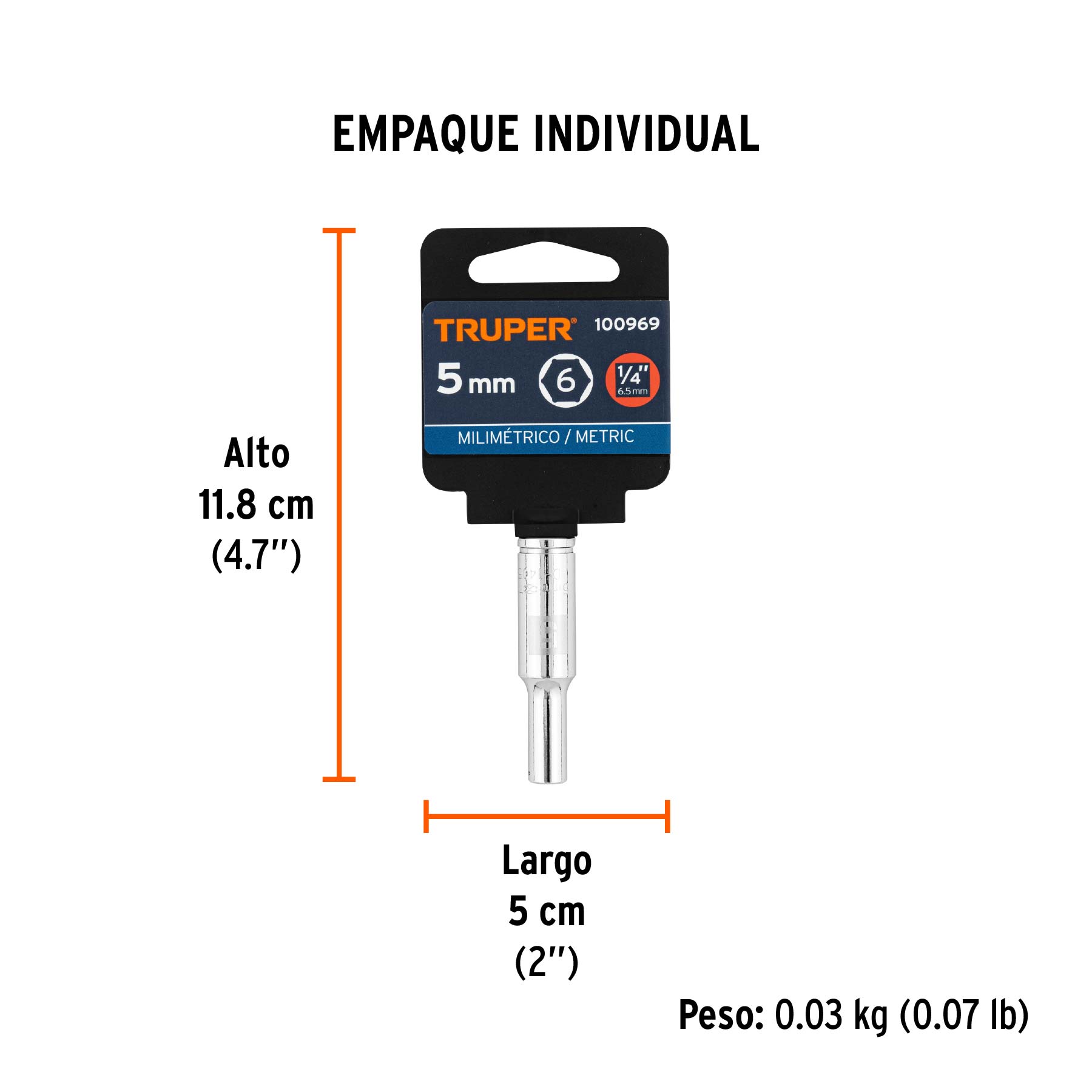 Dado largo de 5 mm, 6 puntas, cuadro 1/4", TRUPER - Empaque