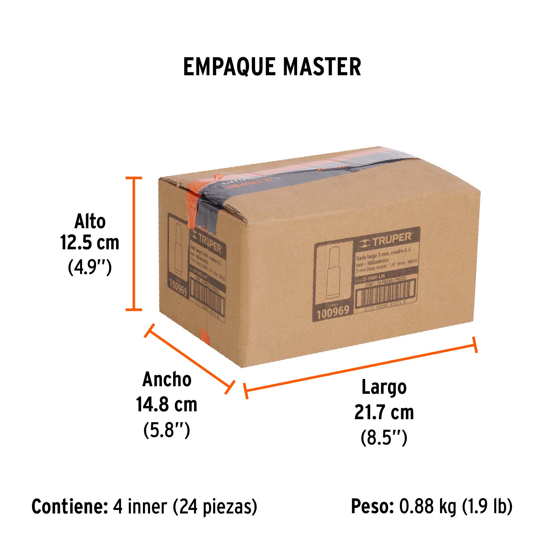 Dado largo de 5 mm, 6 puntas, cuadro 1/4", TRUPER - Empaque