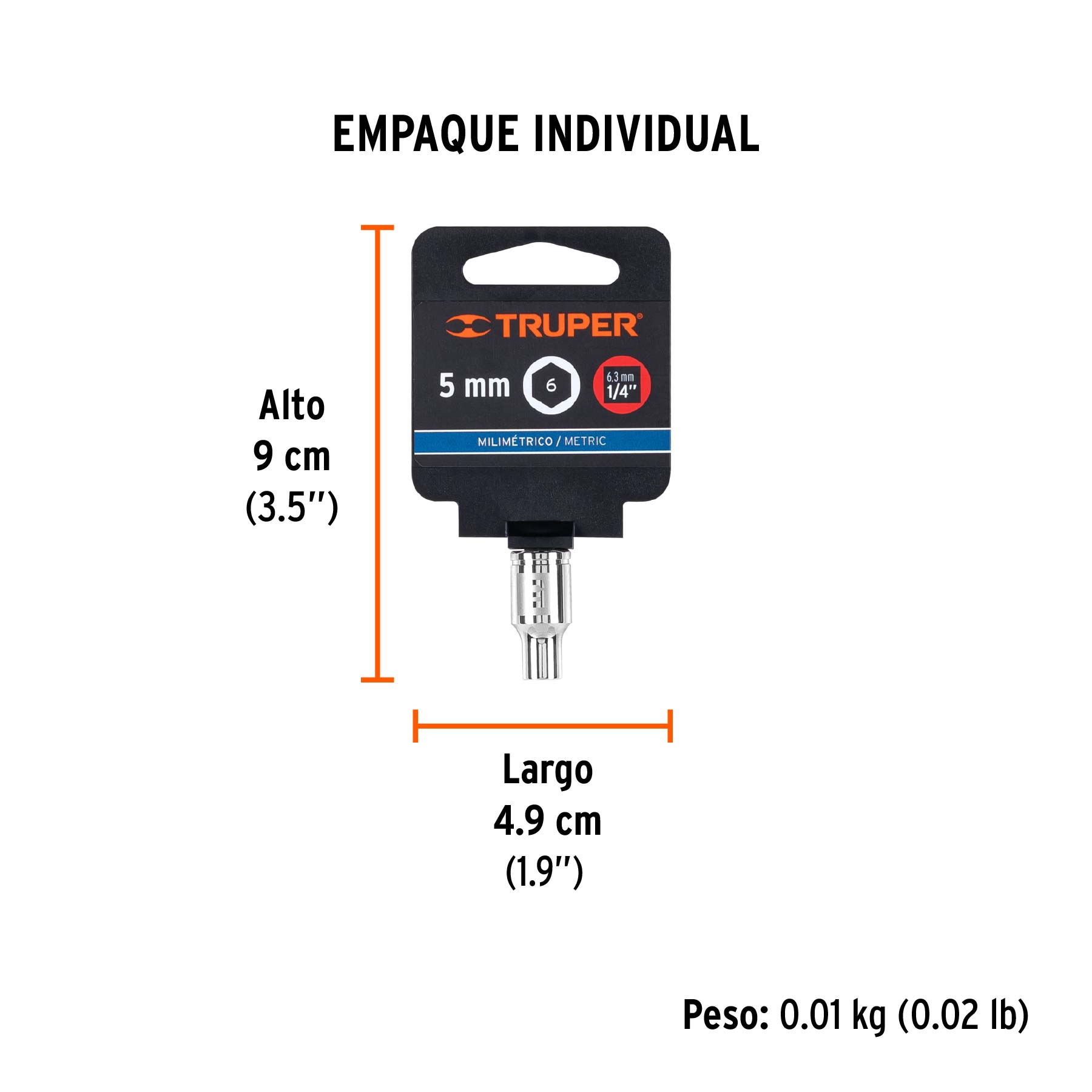 Dado de 5 mm, 6 puntas, cuadro 1/4", TRUPER - Empaque