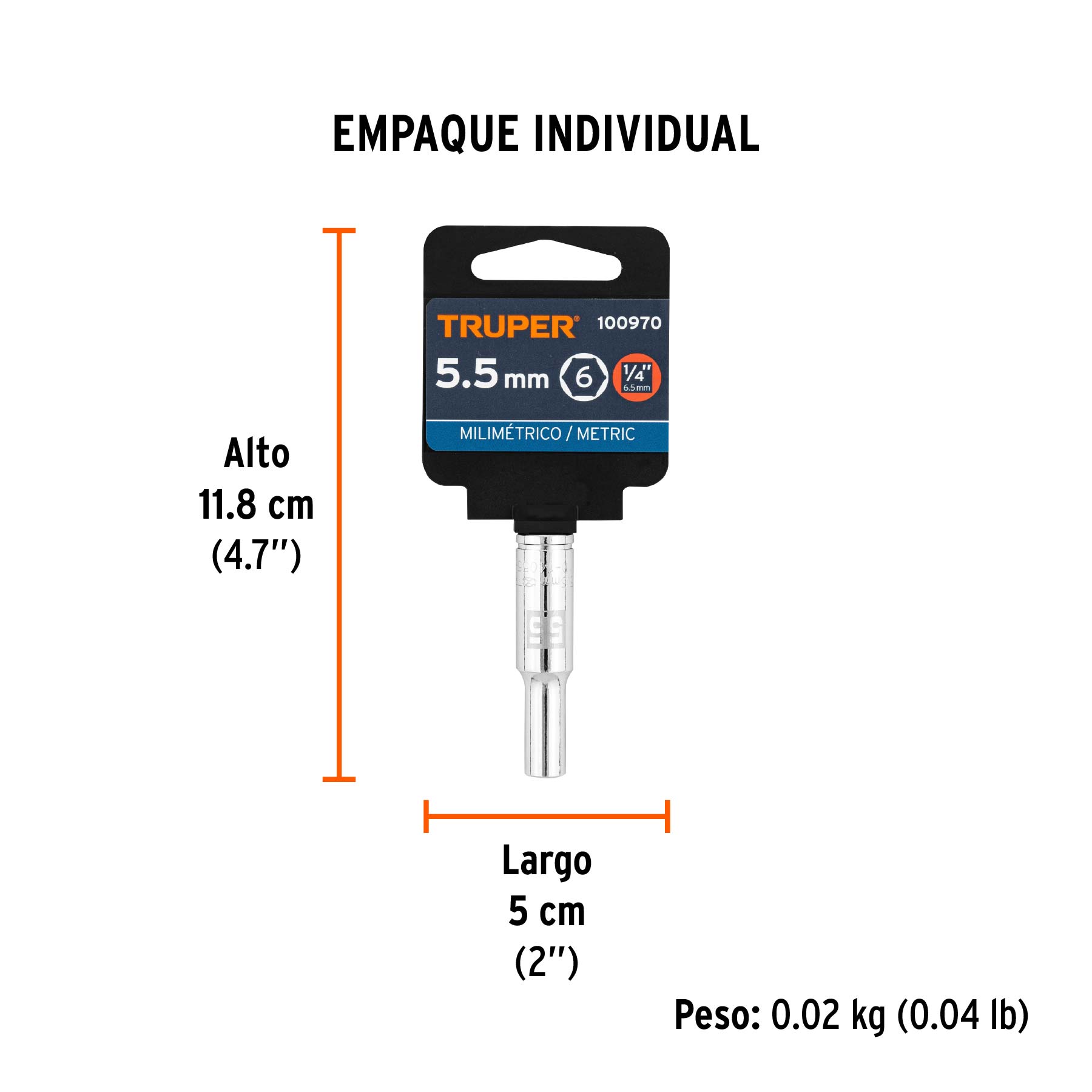 Dado largo de 5.5 mm, 6 puntas, cuadro 1/4", TRUPER - Empaque