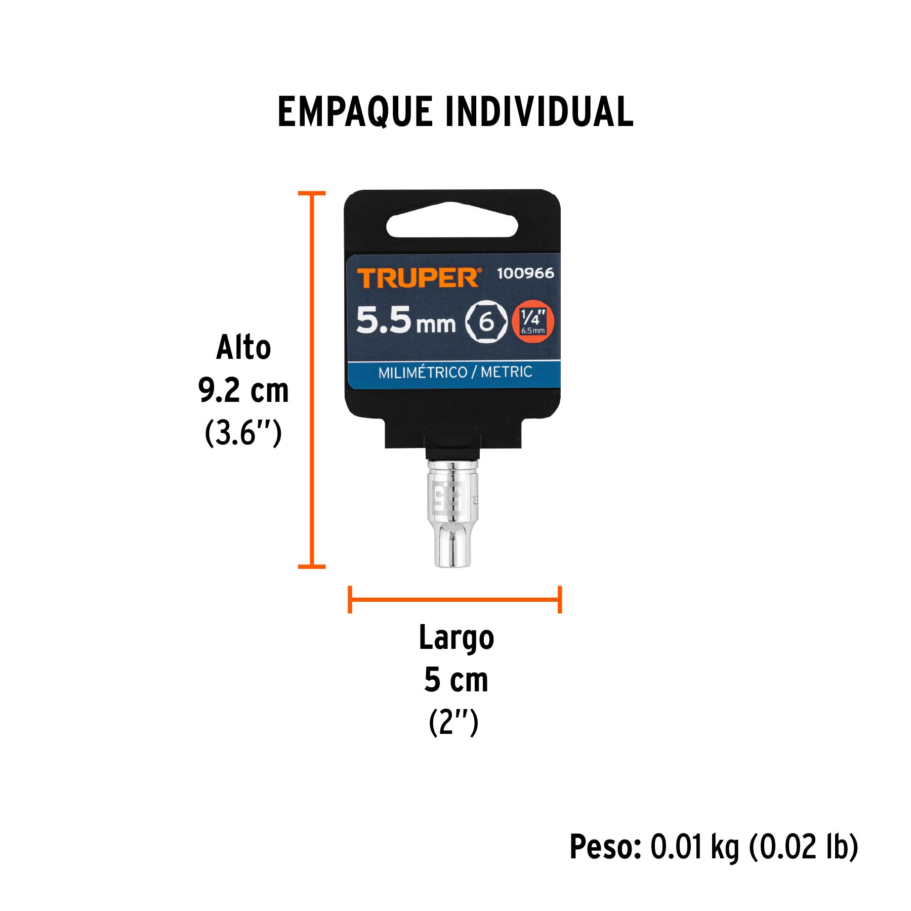 Dado de 5.5 mm, 6 puntas, cuadro 1/4", TRUPER - Empaque