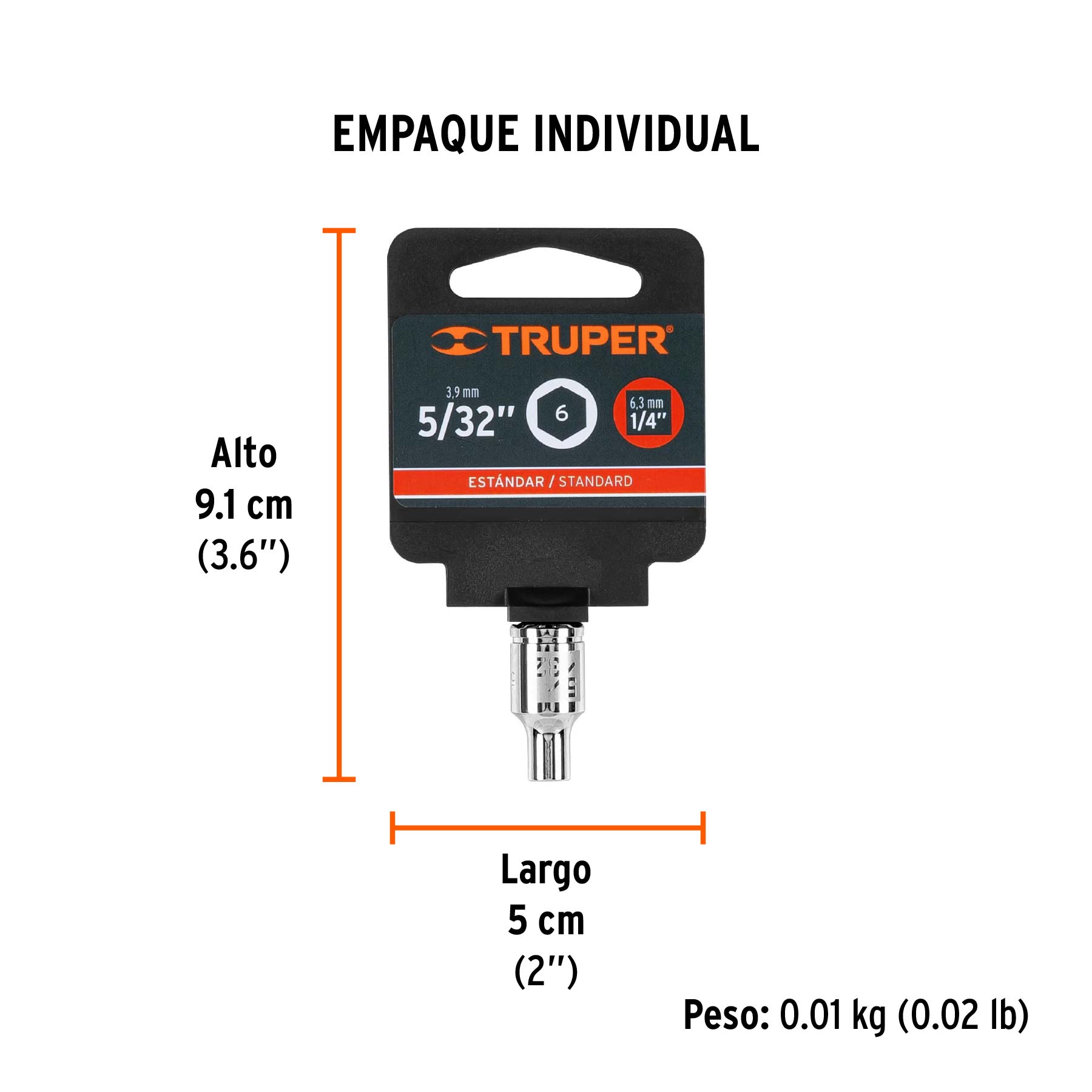 Dado de 5/32", 6 puntas, cuadro 1/4", TRUPER - Empaque