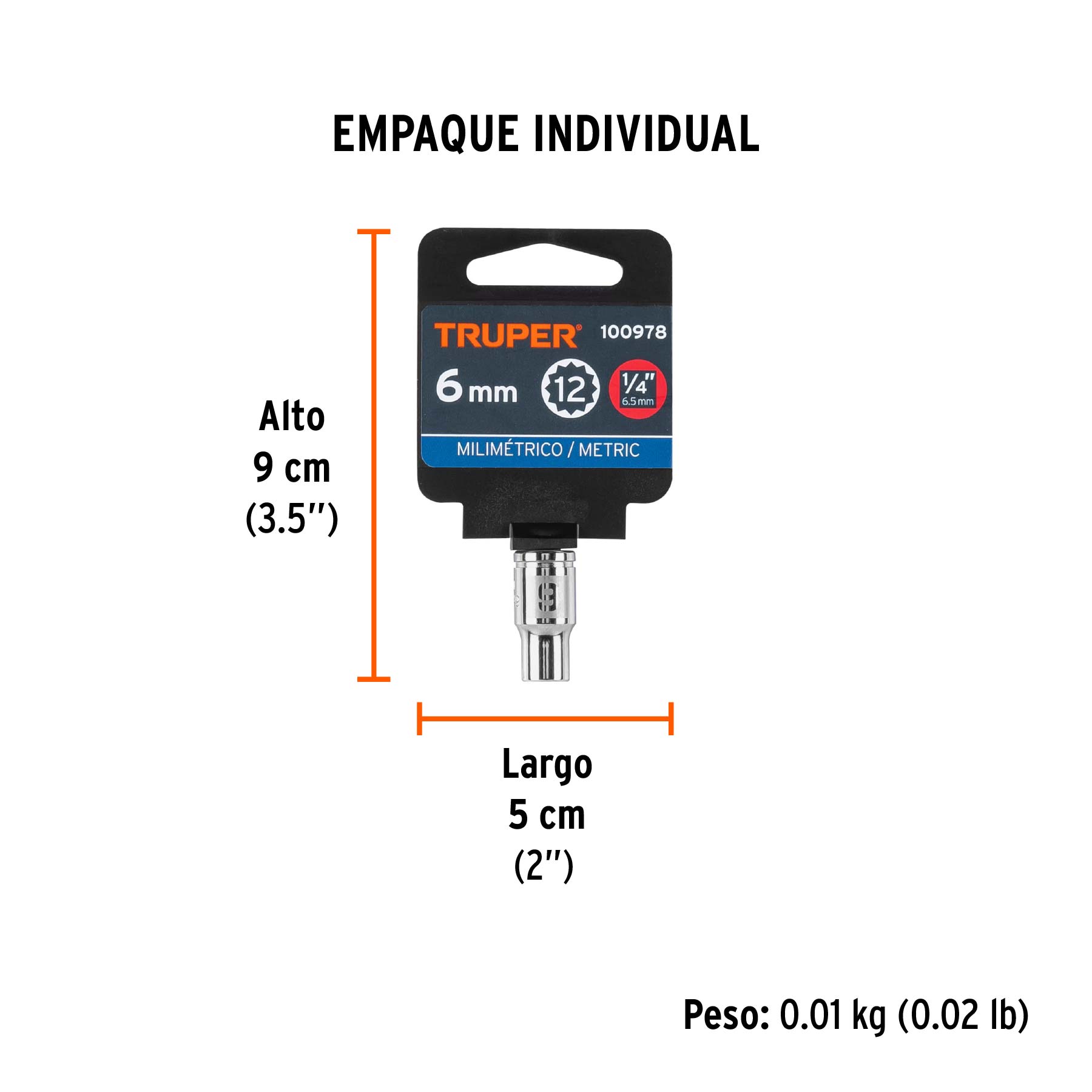 Dado de 6 mm, 12 puntas, cuadro 1/4", TRUPER - Empaque